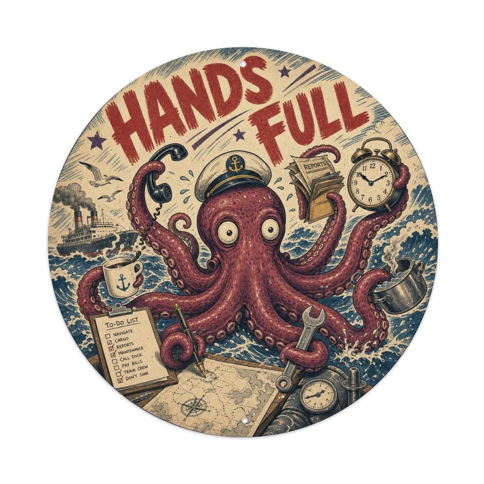 Okngb Style Octopus Full Marine Animal Classic Cartoon Meme Humor Metal Tin Sign Plaque Wall Decor For Cafe, Man Cave, Club Bar, Office, Home Garden Round Metal Poster 8X8inch