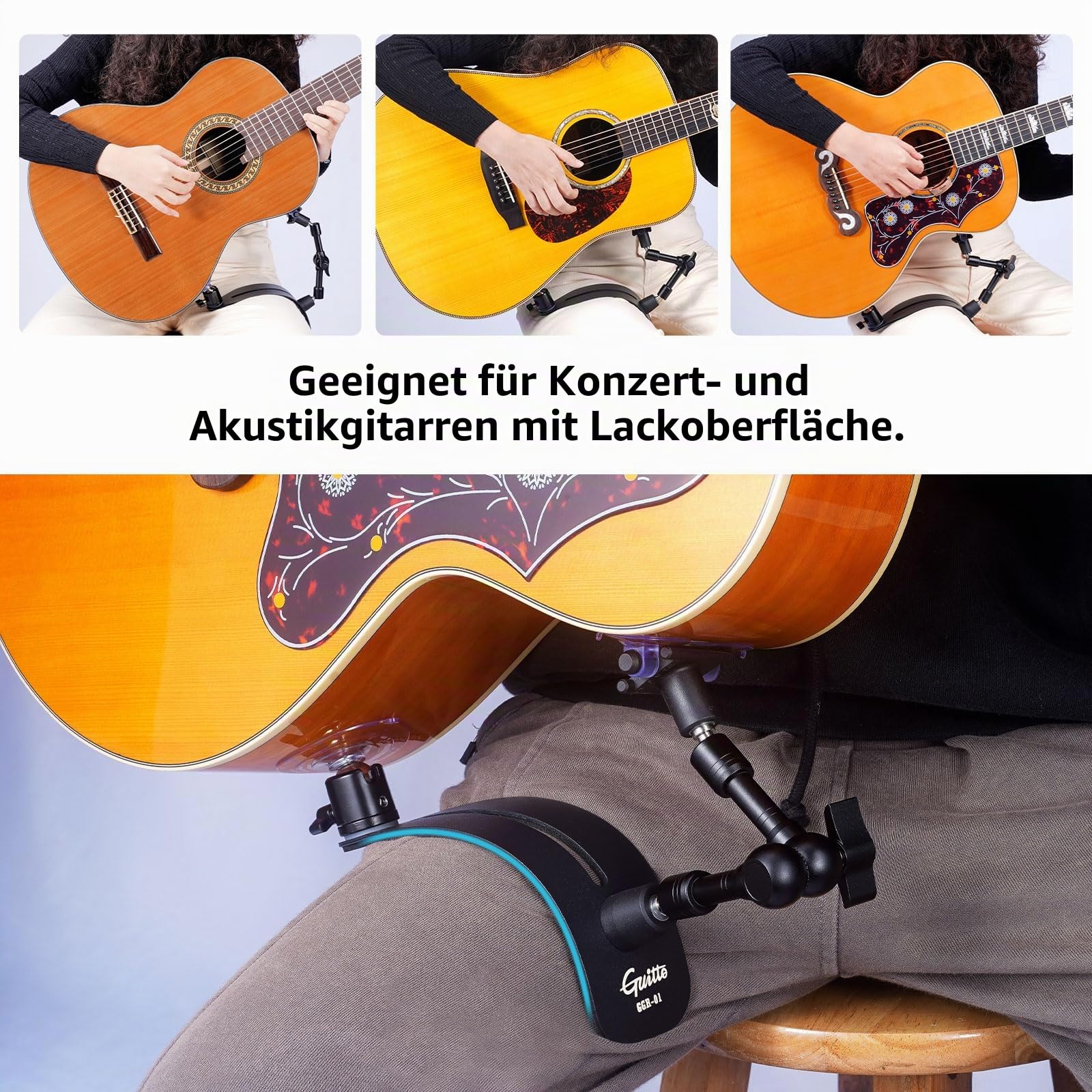 GUITTO Gitarrenstütze - Verstellbarer Gitarrenständer mit Saugnäpfen & Kugelgelenk - Klassische Gitarren-Fußstütze - Ergonomisches Zubehör für Lackierte Akustikgitarren & Ukulelen (GGR-01)