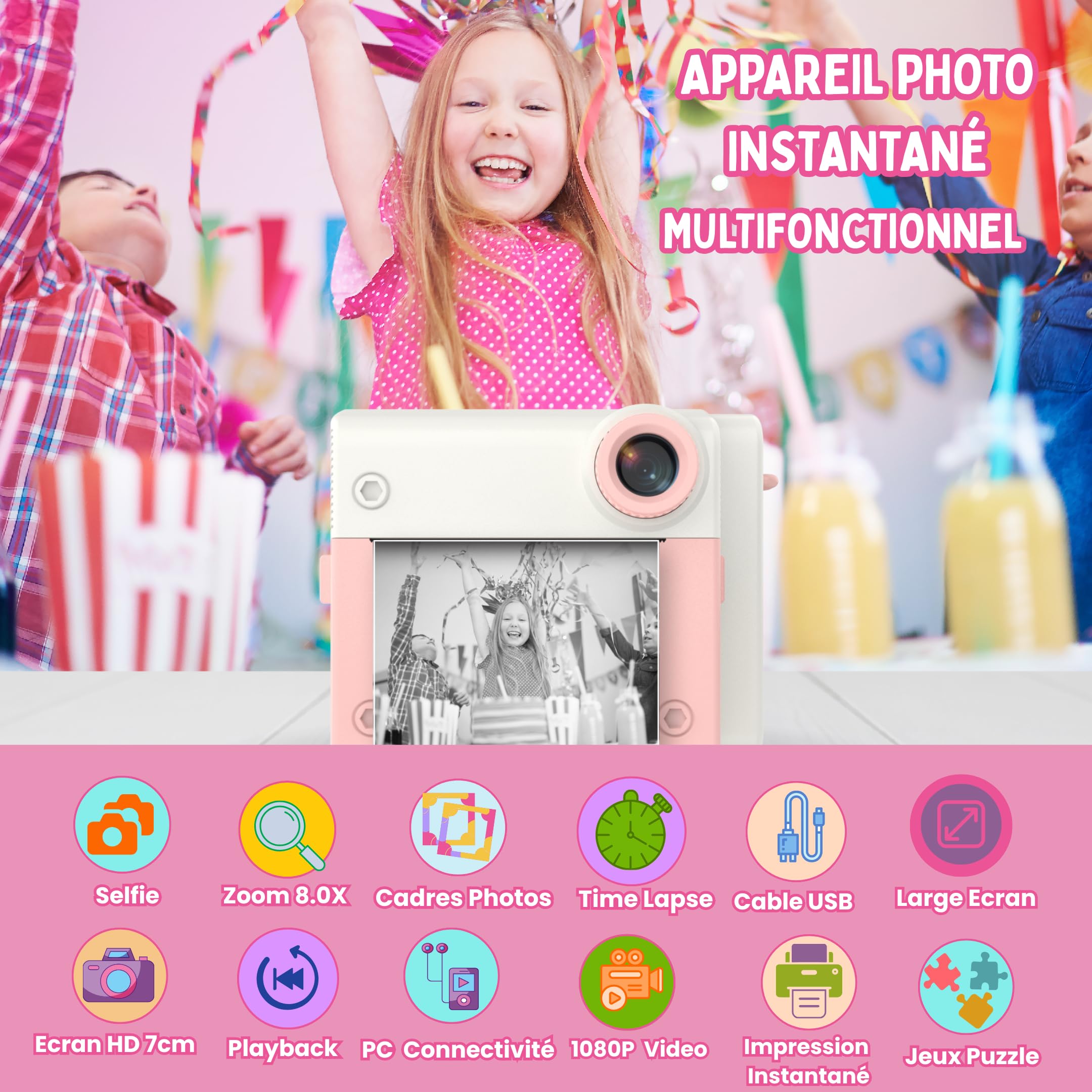 Appareil Photo Enfant, Appareil Photo Instantané, Écran Large avec Papier d'impression et Carte 32GB, Mode Video et Selfie, Jouet Cadeau pour Filles et Garçons Enfant de 3-14 Ans (Rose)