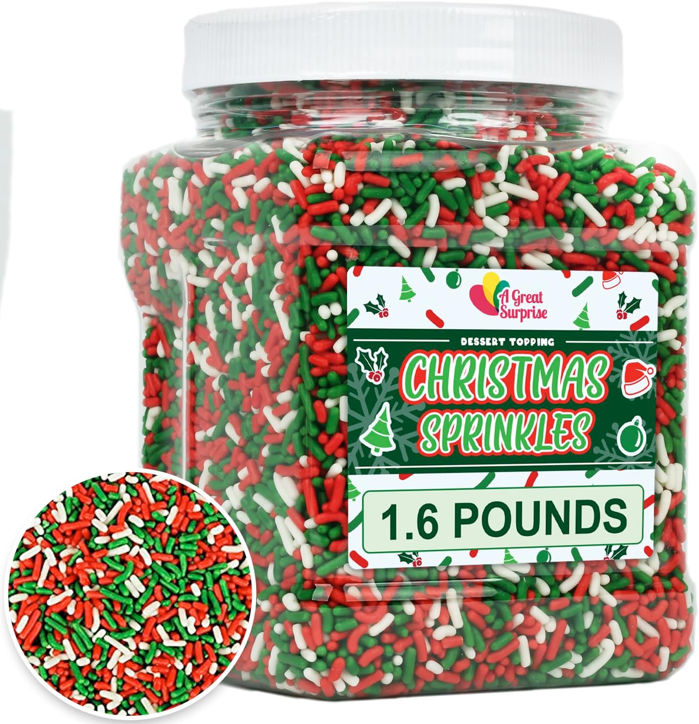 Christmas Sprinkles Bulk - 1.6 Pounds - Holiday Jimmies - Red White and Green Xmas Baking Toppings for Cookies, Cakes, Cupcakes, and More!