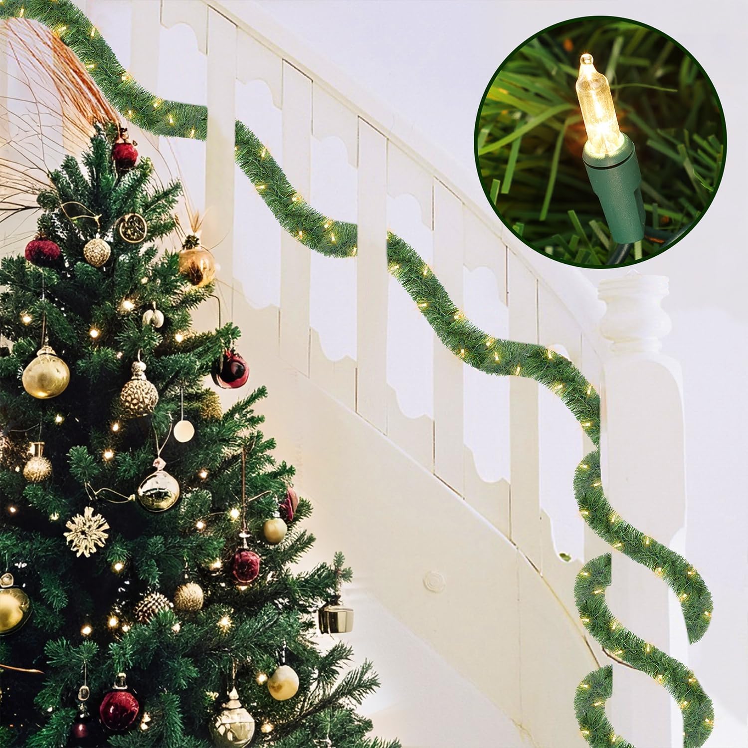 WATERGLIDE Lighted Christmas Green Garland 15FT, with Clear String Lights, Pre-lit Artificial Greenery Garlands, Plug in & Connectable Xmas Lights for Indoor Outdoor Holiday Party Decor
