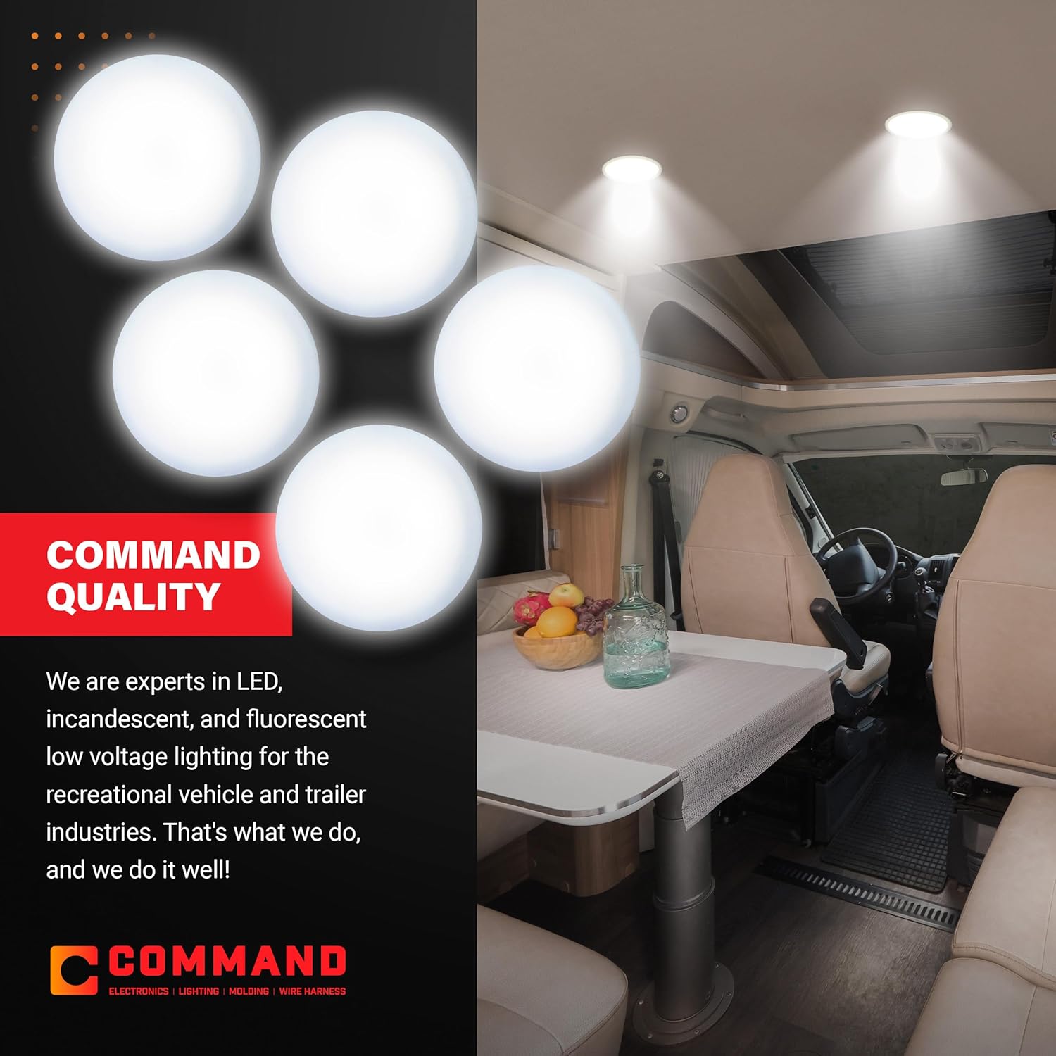 Command Electronics 12V LED Low Profile Surface Mount Ceiling Light - OEM RV Camper Bus Truck & Trailer Light - Made in USA - Hardware & Connectors Included | 4.5" Diameter (5 Pack)