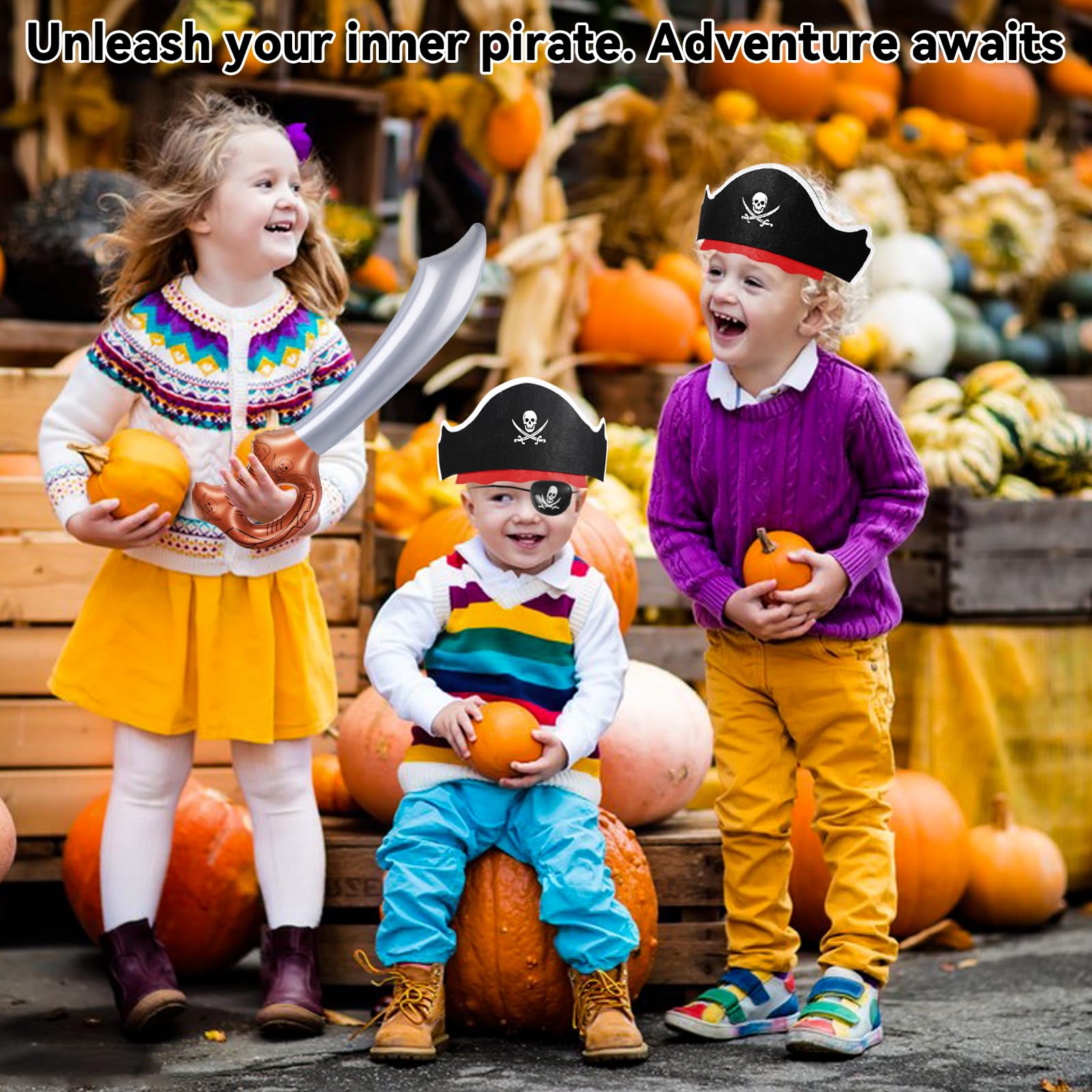 ZeeDix Conjunto de disfraz de pirata para Halloween, incluye sombrero, parche en los ojos, espada, accesorios de pirata, recuerdos de fiesta para niños y niñas