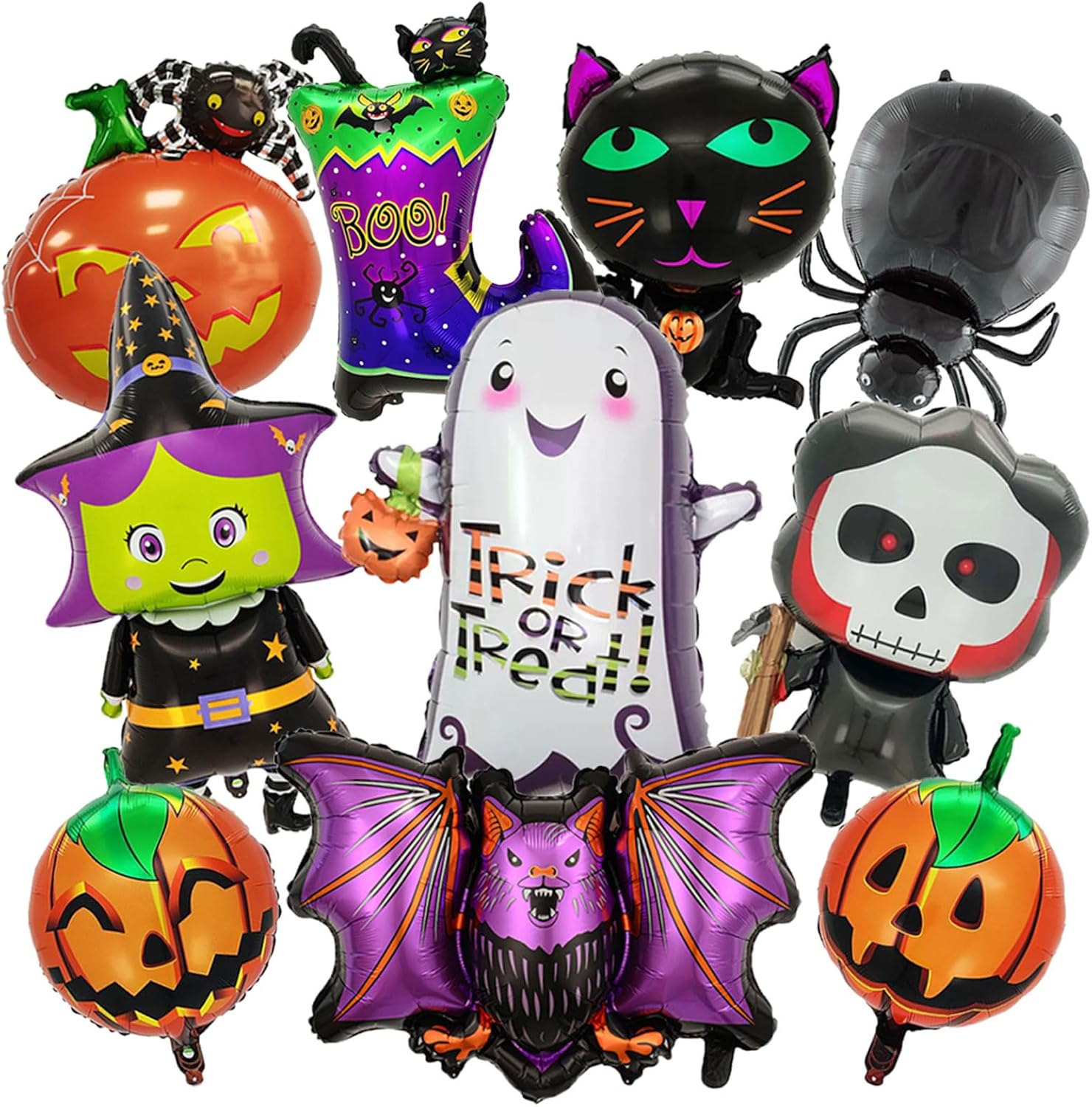 10 Pcs Halloween Foil Balloons Large Ghost Spider Pumpkin Bat Skeleton Witch Boo Mylar Balloons for Spooky Halloween Birthday Party Decorations