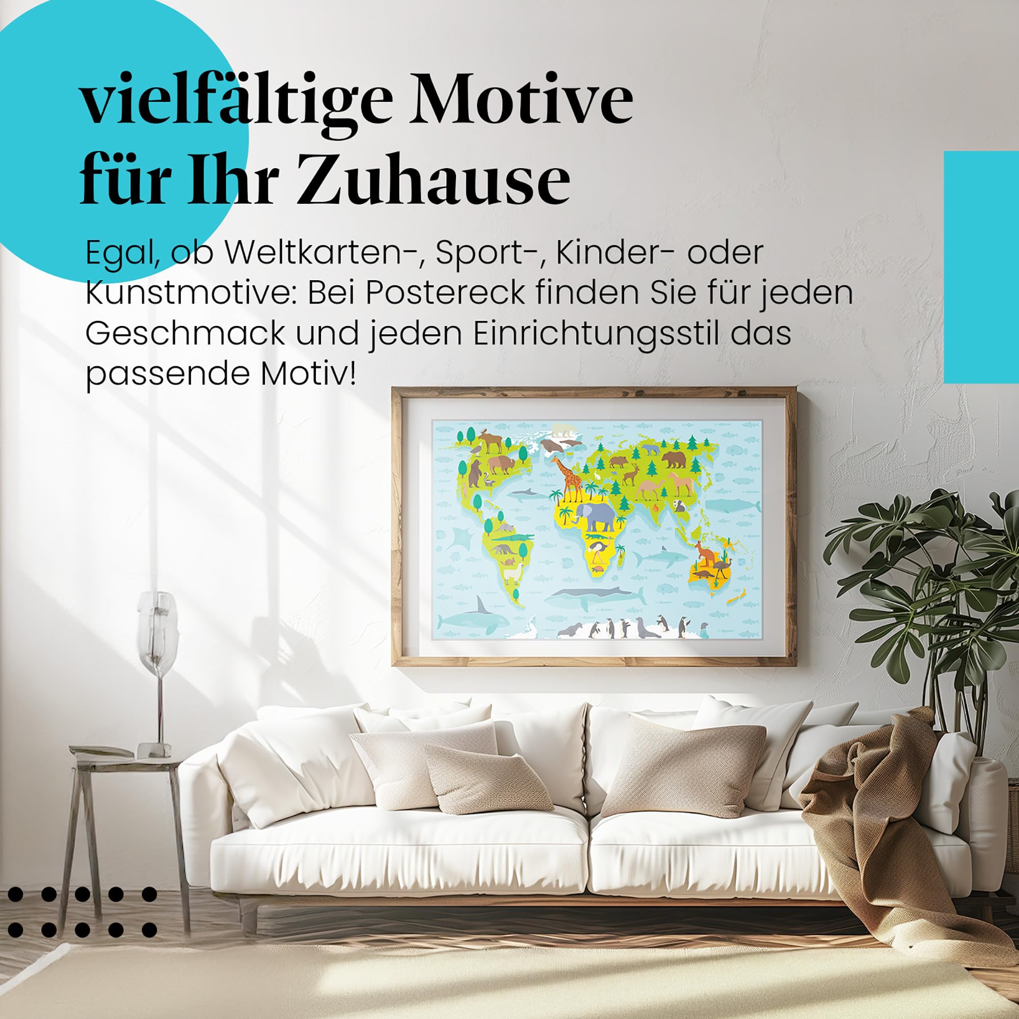 Postereck - 0860 - Weltkarte, Kinder Tiere Kontinente Lernen Schule - Kinder Kinderzimmer Kinderbild Wandposter Fotoposter Bilder Wandbild Wandbilder - Leinwand - 100,0 cm x 75,0 cm