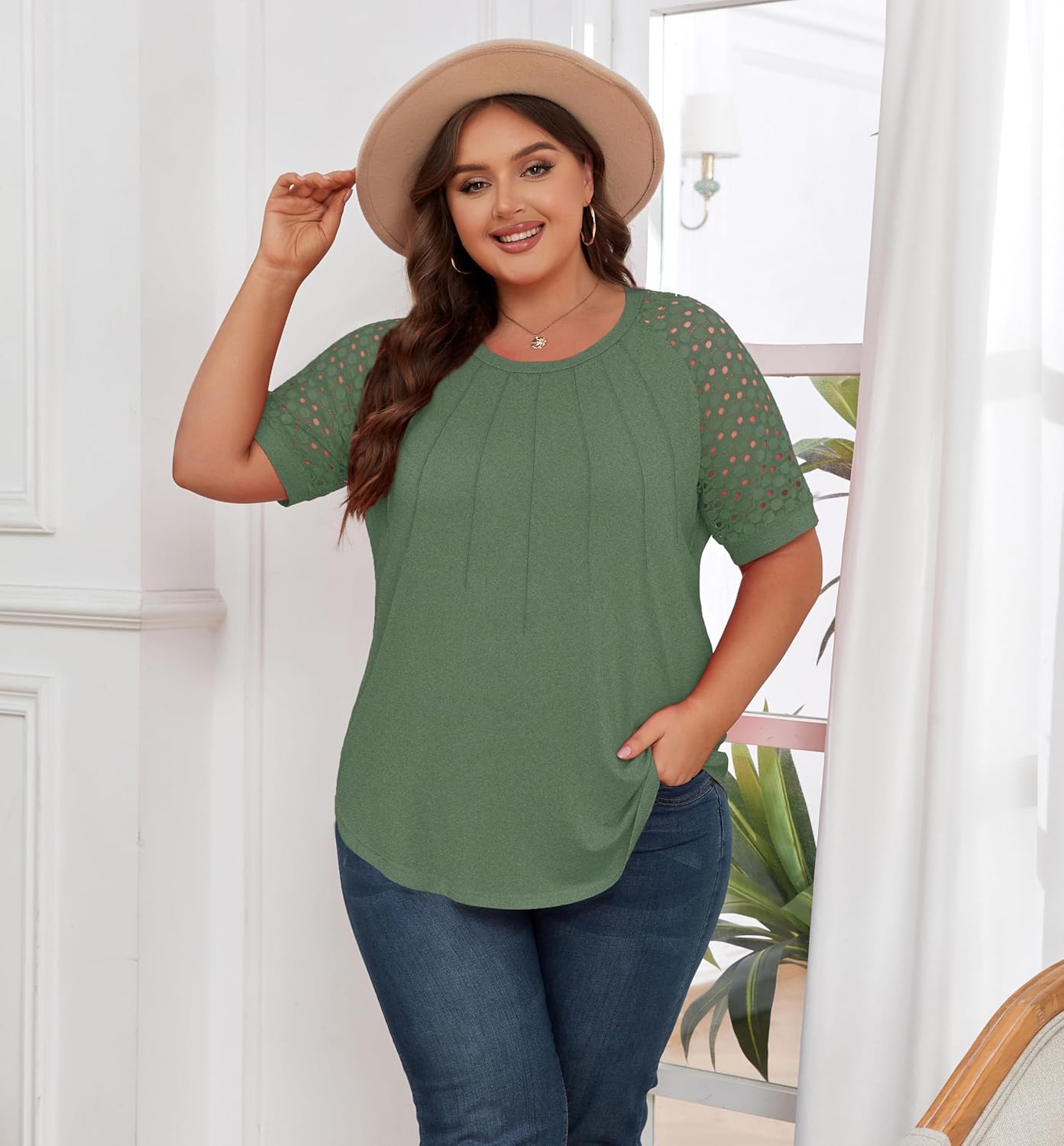 Women's Plus Size Lace Shirt Short Sleeve Round Neck Tops Basic Ladies Loose Fit T Shirt - Image 5