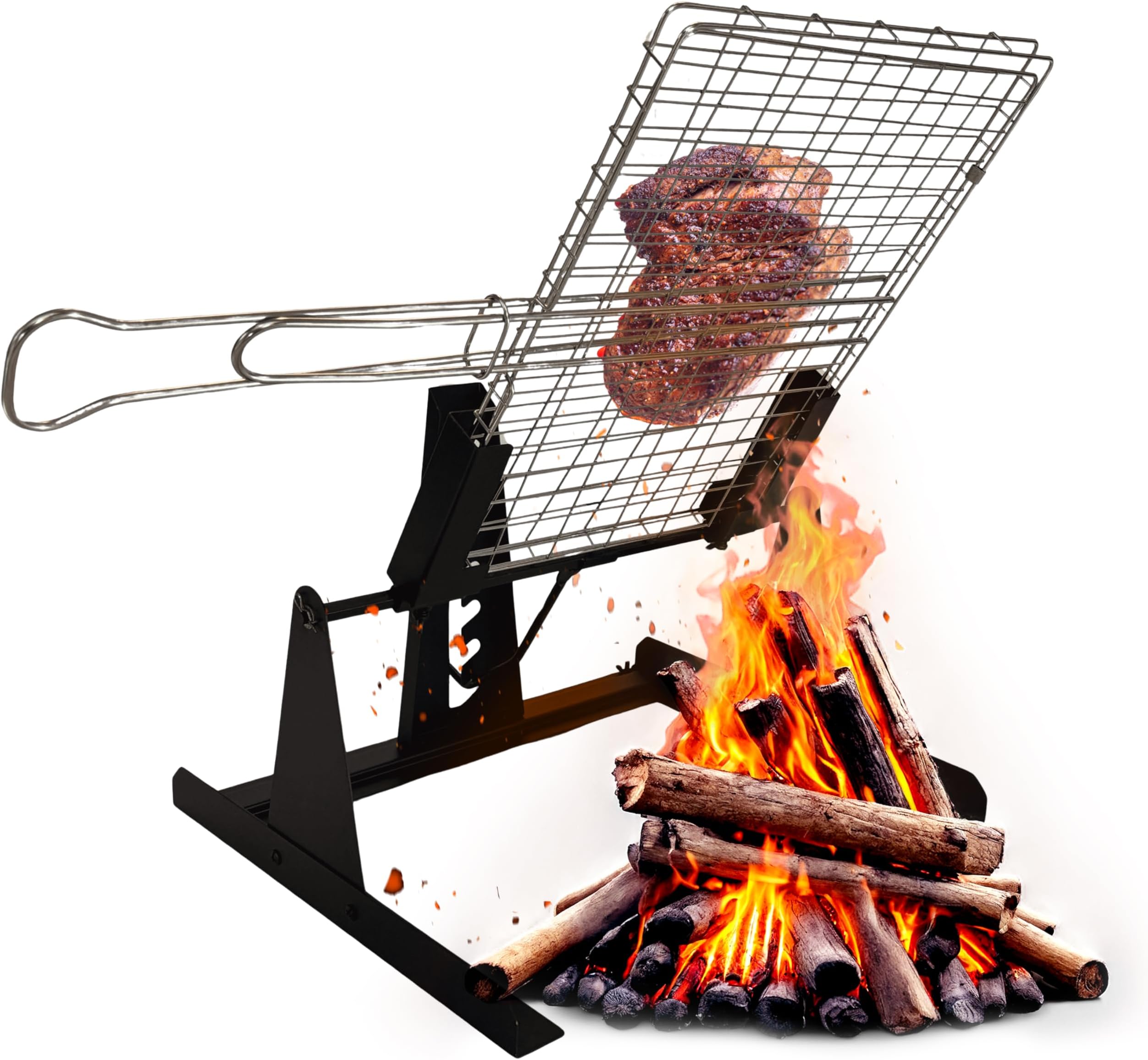 Flame Master BBQ Grill Grid Holder, Portable, Adjustable and Lightweight, Perfect for Grilling Meat and Ribs on the Beach, Home and Camping, Mild Steel, Black