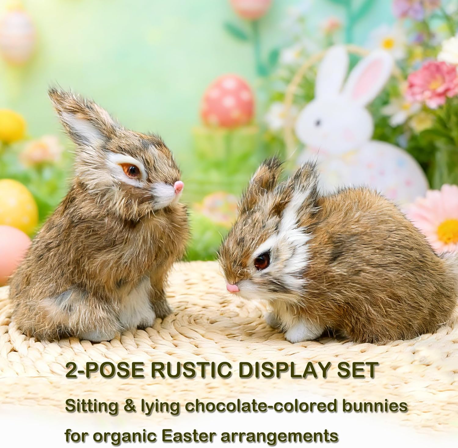 Easter Bunny Plush Figurine - 2 Piece Mini Realistic Chocolate Rabbit Staffy for Spring Basket Fillers, Home Decoration, Photoshoot Props, (Brown) - Image 3