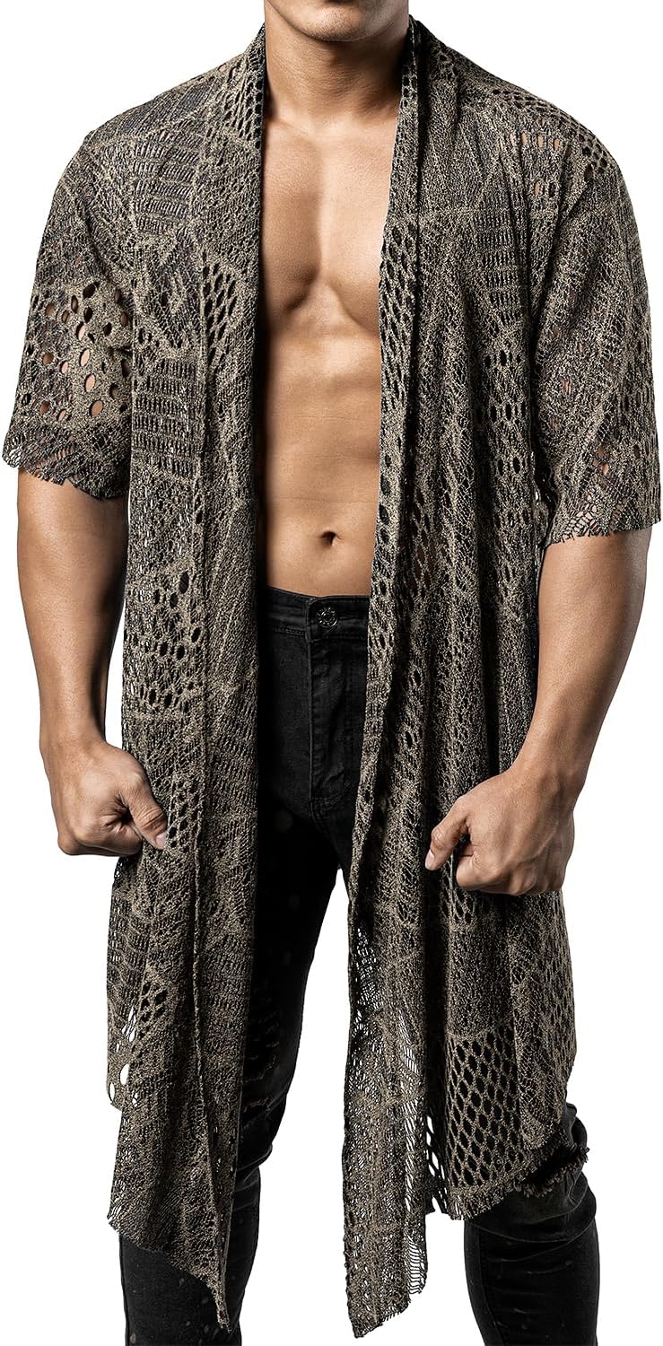 JOGAL Mens Mesh Fishnet See Through Cardigan Ruffle Shawl Collar Open Front Top