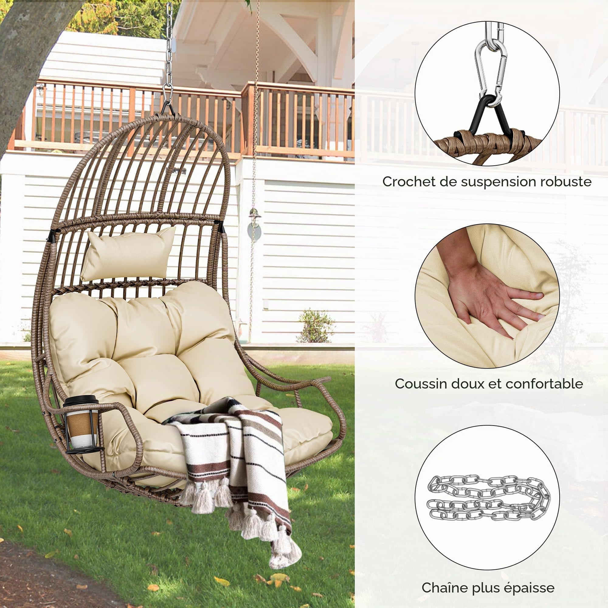 YITAHOME Chaise Suspendue Oeuf avec Coussin 150 kg, Fauteuil Hamac Suspendu Extérieur/Intérieur avec Porte-gobelet, Siège Pendentif en Rotin pour Jardin Terrasse Balcon Salon, Beige
