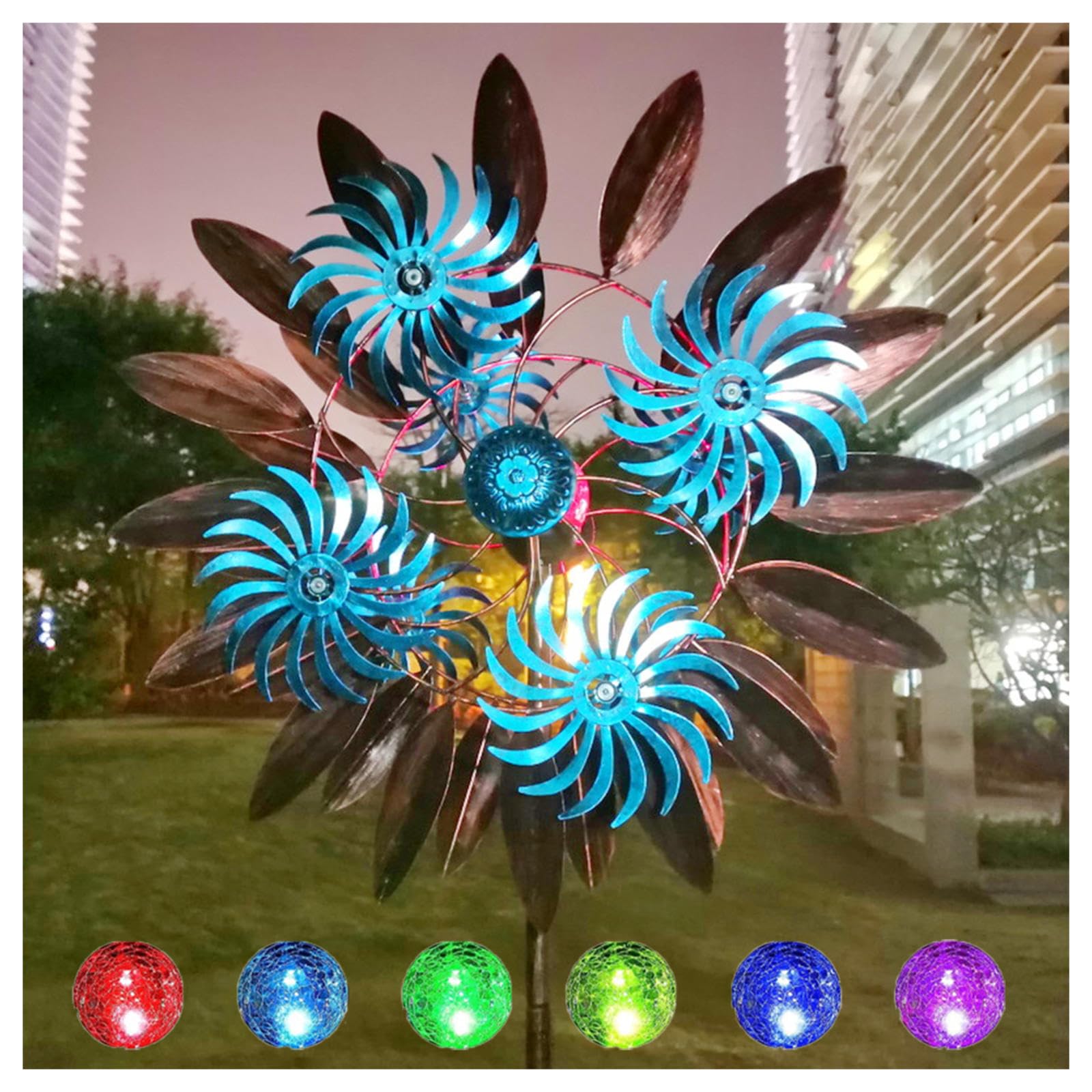 84in Wind Spinner Outdoor, Solar Windmill, Color Led Changing Solar Powered Glass Ball Wind Mills-Metal Yard Spinners