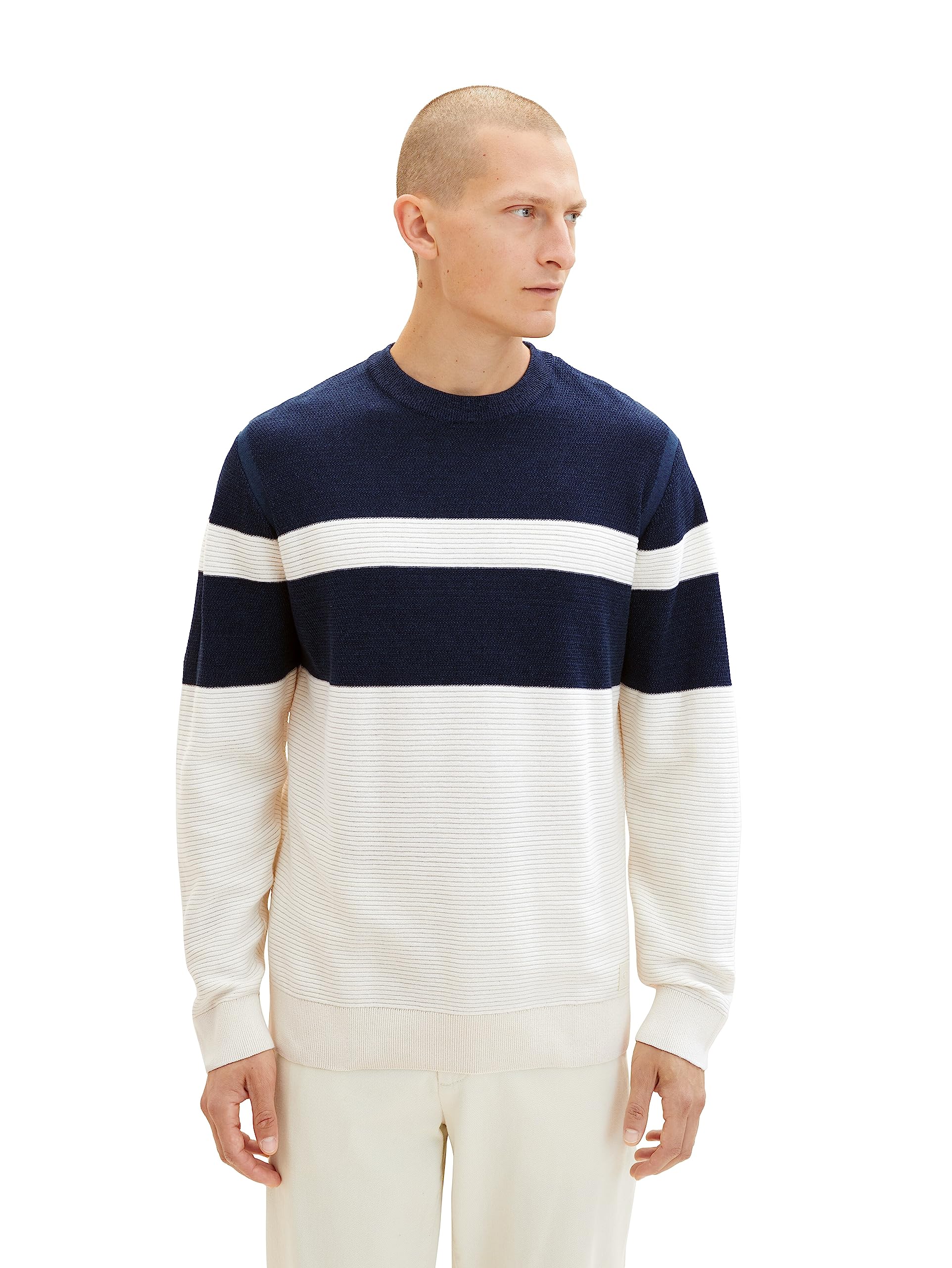 TOM TAILOR Men's Colourblock Knitted Cotton Jumper, 32725-Beige Navy Multi Structure, L