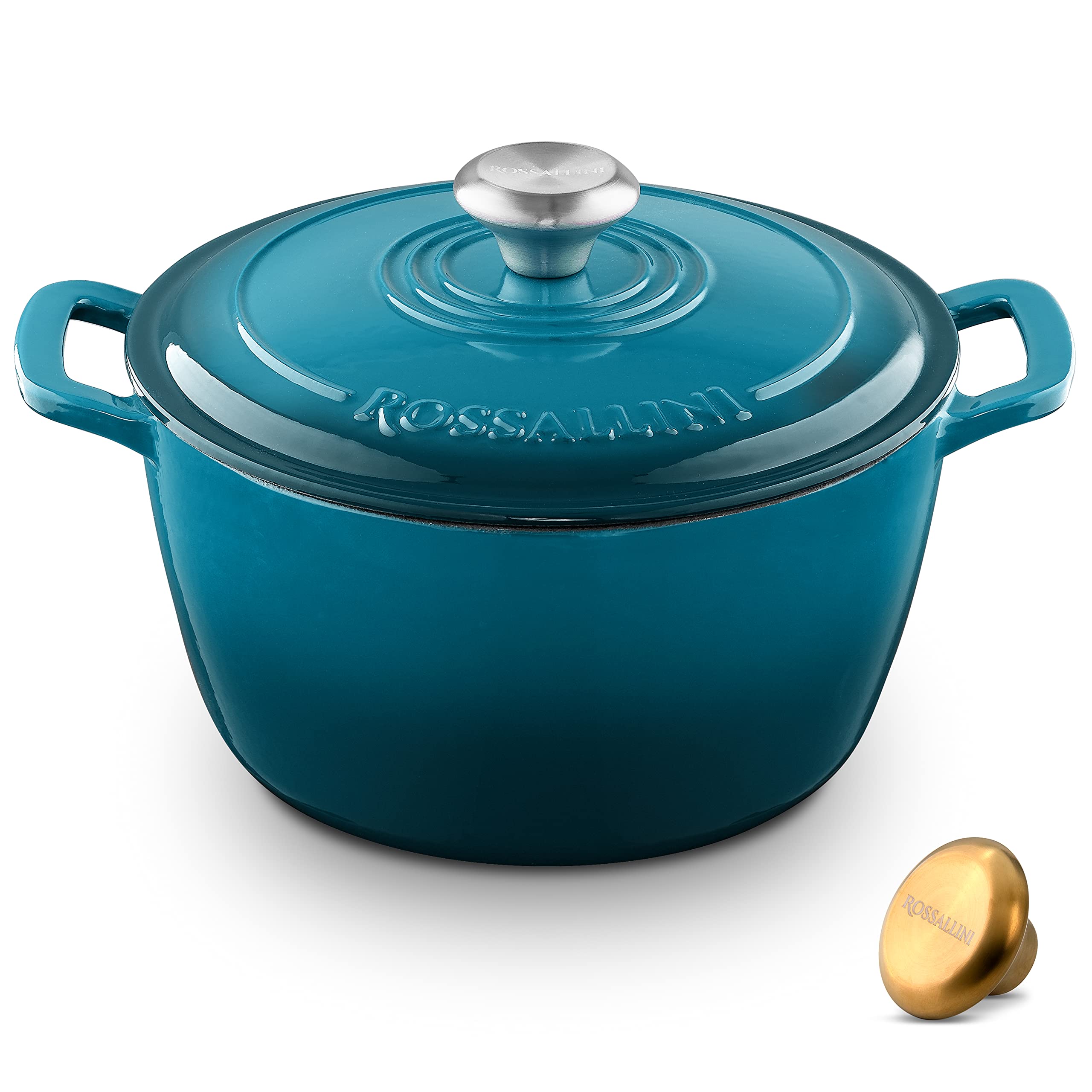 ROSSALLINI Signature Enameled Cast Iron Dutch Oven, Non-Stick Serving Pot with Tight Fitting Lid for Perfect Roasting, Baking, Sauteing, and Bread Making | 7.4Q (7L) - Ocean Blue