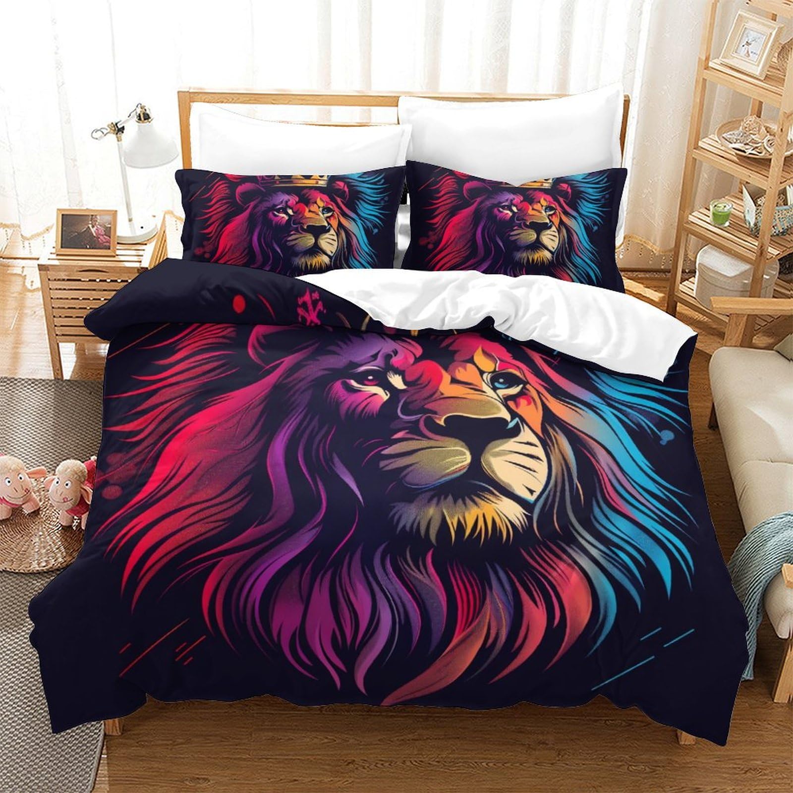 Housse de couette lion 3D imprimée pour lit double 200x200 avec taie d'oreiller