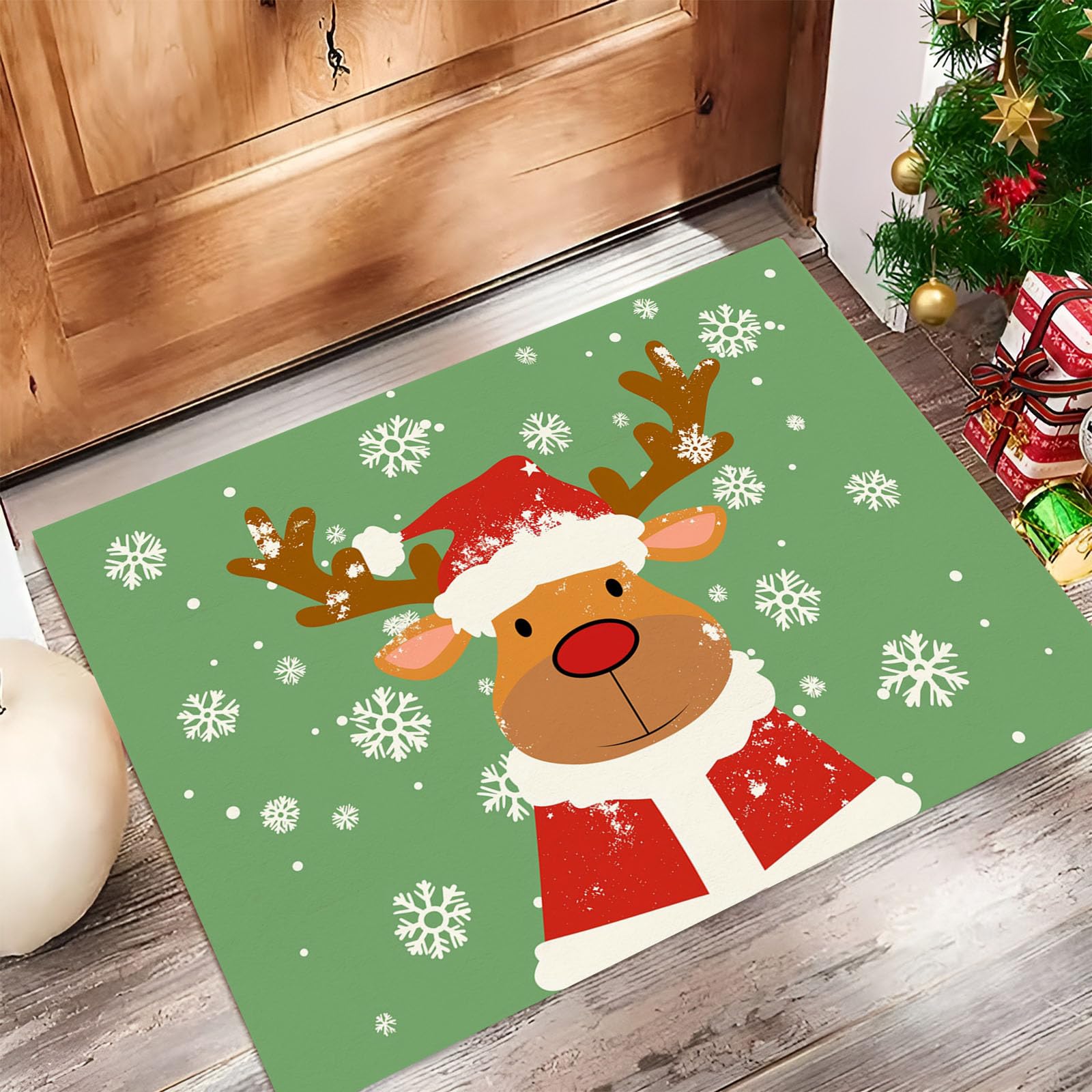 Felpudo Alfombra de Entrada Lavable, Dibujos Animados Interior Renos Copos De Nieve Pequeña Alfombra Antideslizante Suave Superfina para Cocina Baño Dormitorio 80x120cm, Verde
