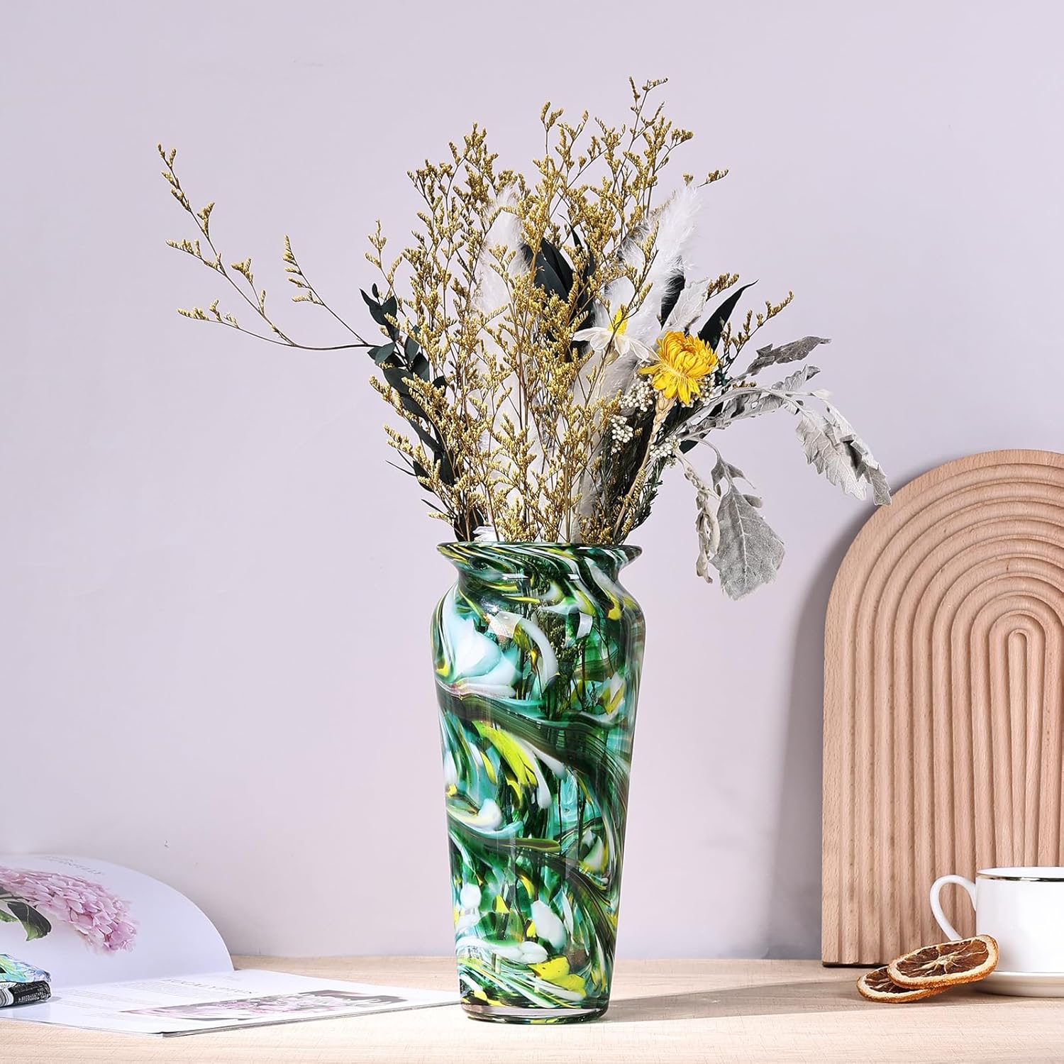 Blown Glass Green vase, Green Home Decorations, Modern Art Wide Mouth vase for Living Room Dining Table Coffee Table entryway TV Cabinet nightstand Centerpiece.