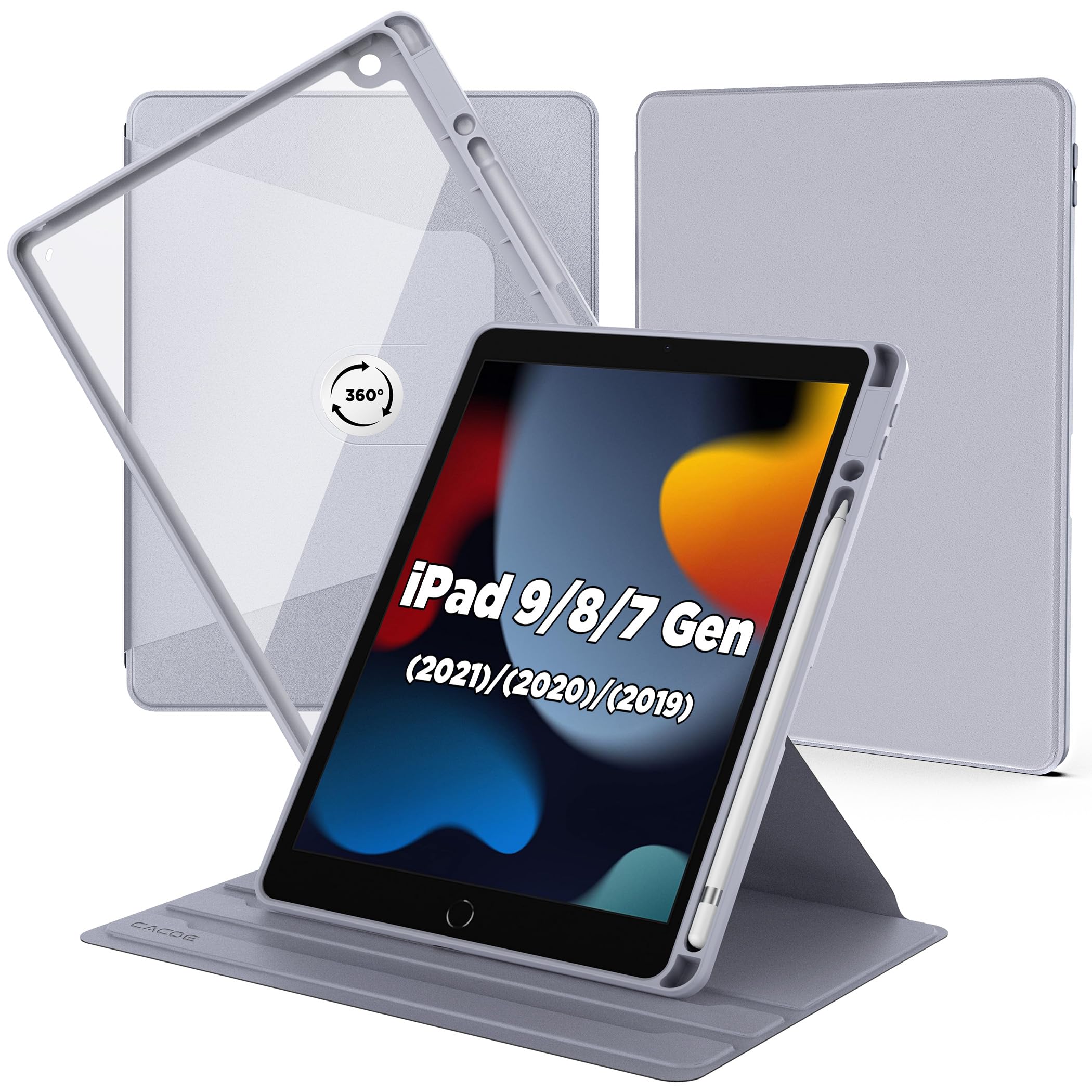 CACOE Rotierende Hülle für iPad 9 Generation / 8/7 Generation 10.2 Zoll mit Stifthalter - 360 Grad Drehung Stoßfeste Schutzhülle mit Transparenter Hartschale auf der Rückseite, Dunstgrau