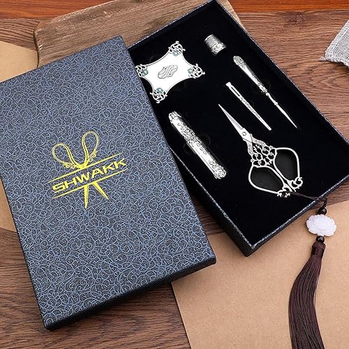Miniatura 7 de SHWAKK Kit de tijeras de bordado, tijeras vintage con estilo europeo, kit de costura vintage para manualidades, costura, herramientas artesanales