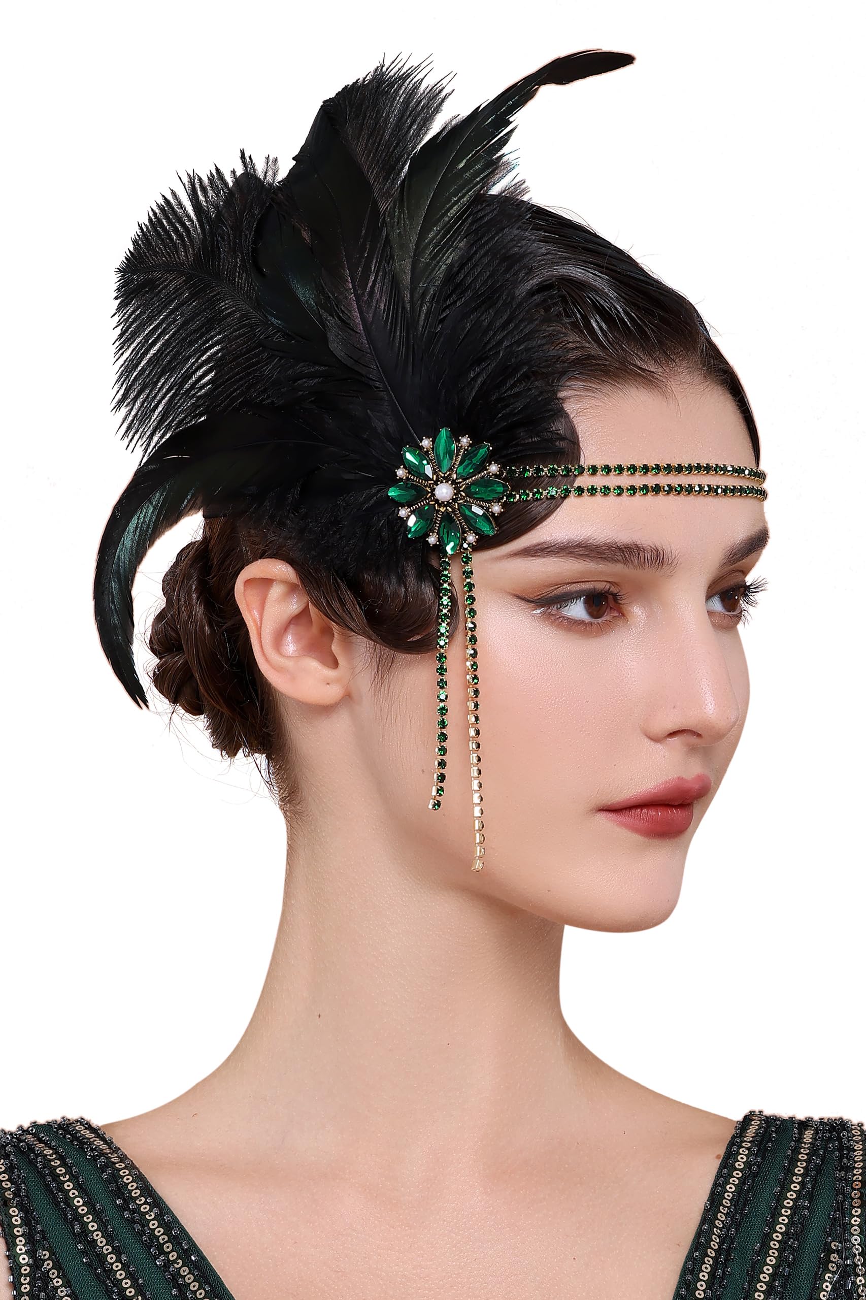 ✨ NWT Art Deco 1920’s Gatsby Flapper Crystal Rhinestone & Pearl, Black 1920s Flapper Headband Rhinestone Pearl Feather Gatsby Party  main image 3