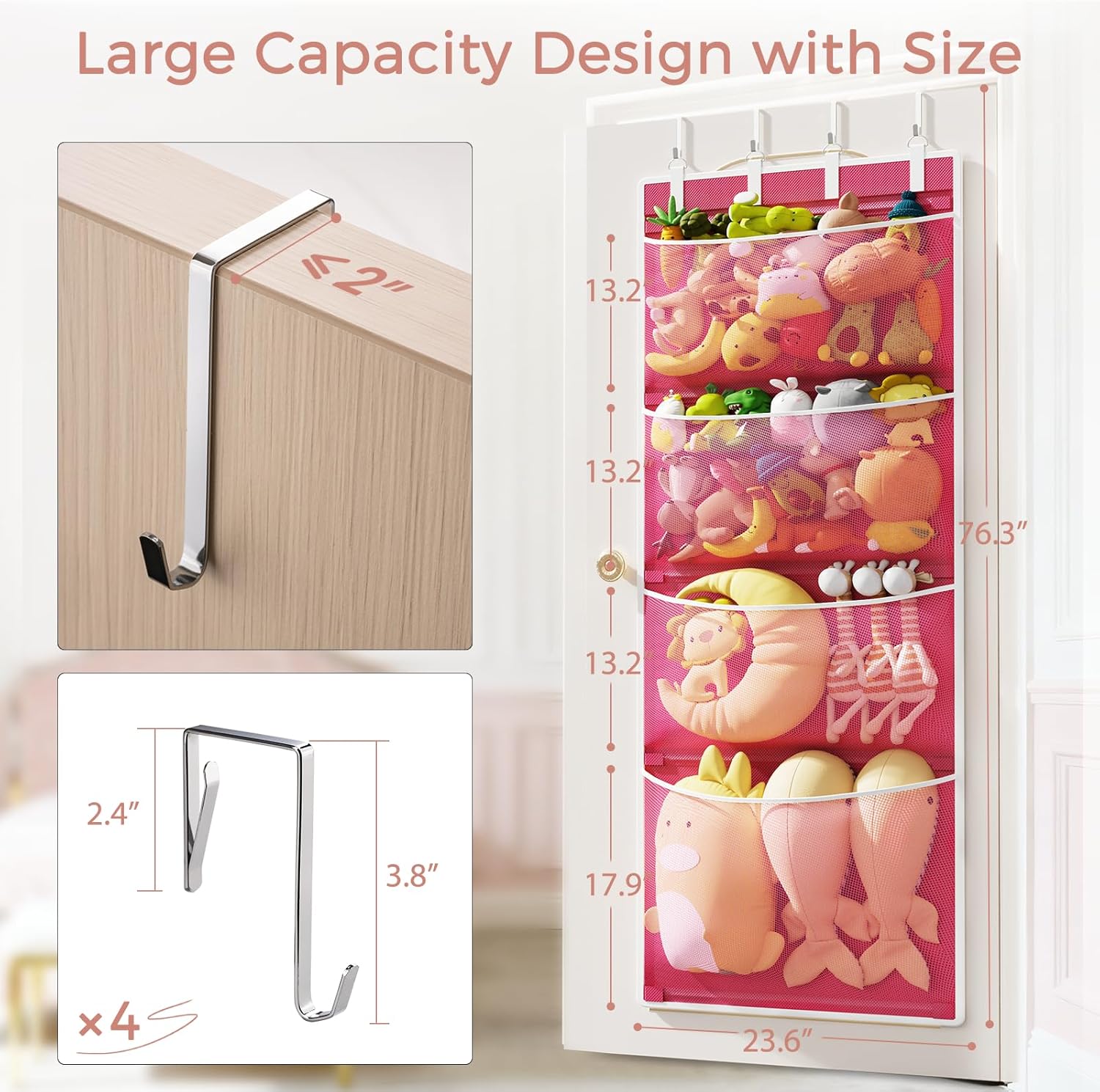 Criusia Over the Door Hanging Organizer, Extra-Large Door Storage Organizer with 4 Deep Mesh Pockets, Space-Saving Hanging Storage for Bedroom & Home Organization, Pink