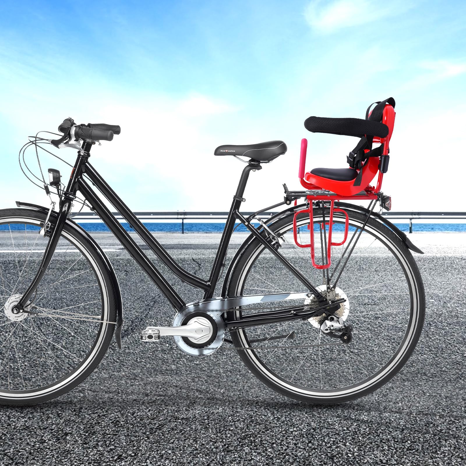 Baby Bike Seat, Adjustable Toddler Bike Seat with Footrests and Belt, Safety Carrier Front Seat Saddle with Crash Foam Backrests and Rails for Ages 6 Months to 6 Years Old 14.17*20.48in Red