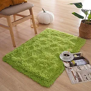 Green Rug for Bedroom, 2x3 Fluffy Area Rugs for Kids Playroom, Furry Carpet for Nursery Room, Shaggy Rug for Teen Living Room, Thick Fuzzy Plush Rug for Dorm, Cute Room Decor for Baby