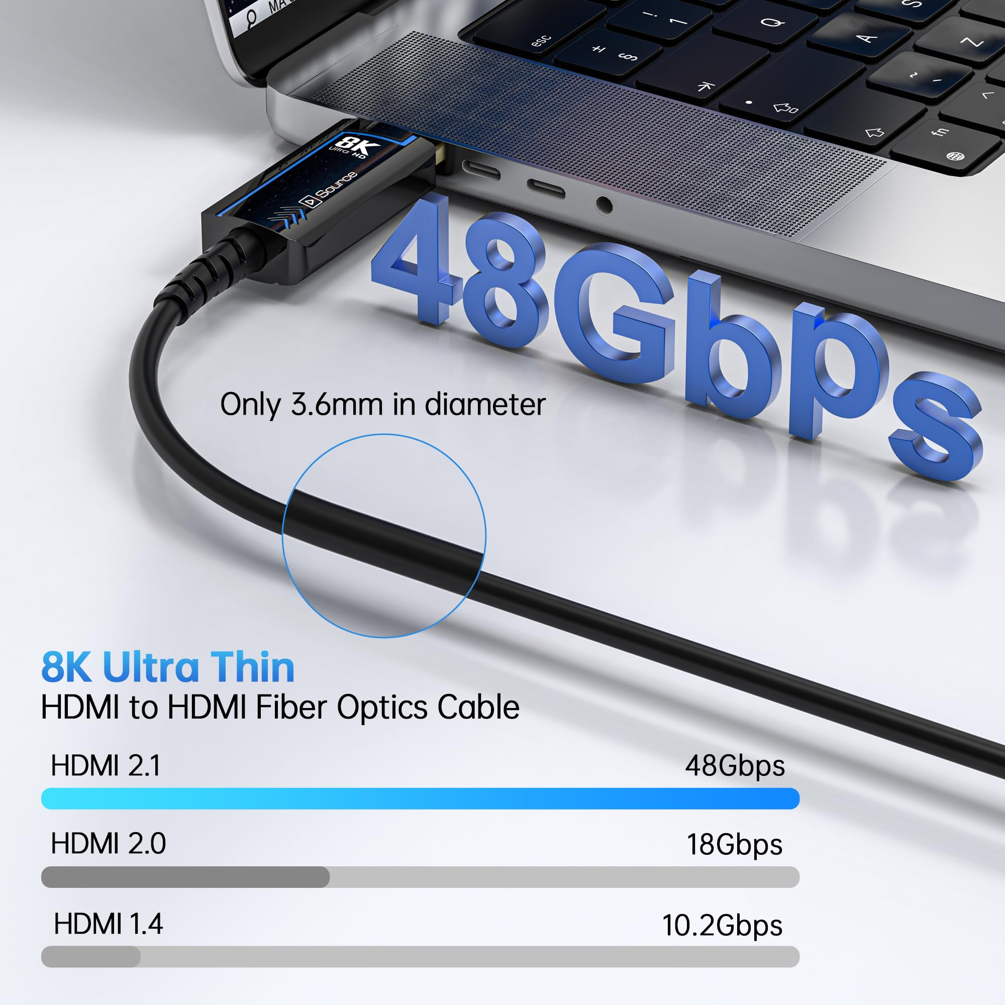 Cable HDMI de fibra óptica de velocidad HDMI 2.1 8K @60 4K @120Hz 48Gbps HDR eARC HDCP compatible con proyector UHD TV Box PS5, conector chapado en oro, computadora ultra alta (fibra óptica, 15