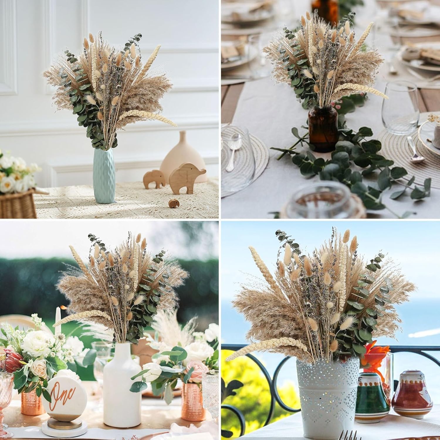 Lot de 10 Grandes Herbes de la Pampa Naturelles et moelleuses - Fleurs séchées - Décoration bohème d'automne