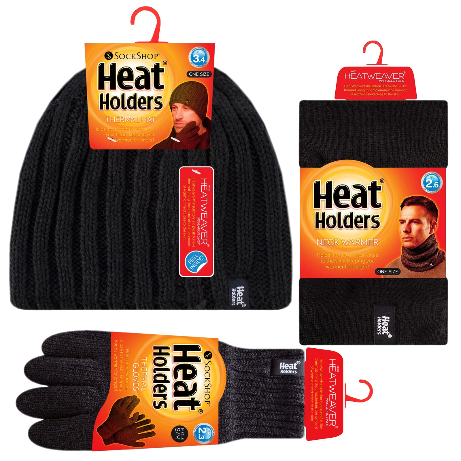 HEAT HOLDERS Mens Hat Neck Warmer & Gloves Set Knitted Winter Set for Mens (Black, L-XL)