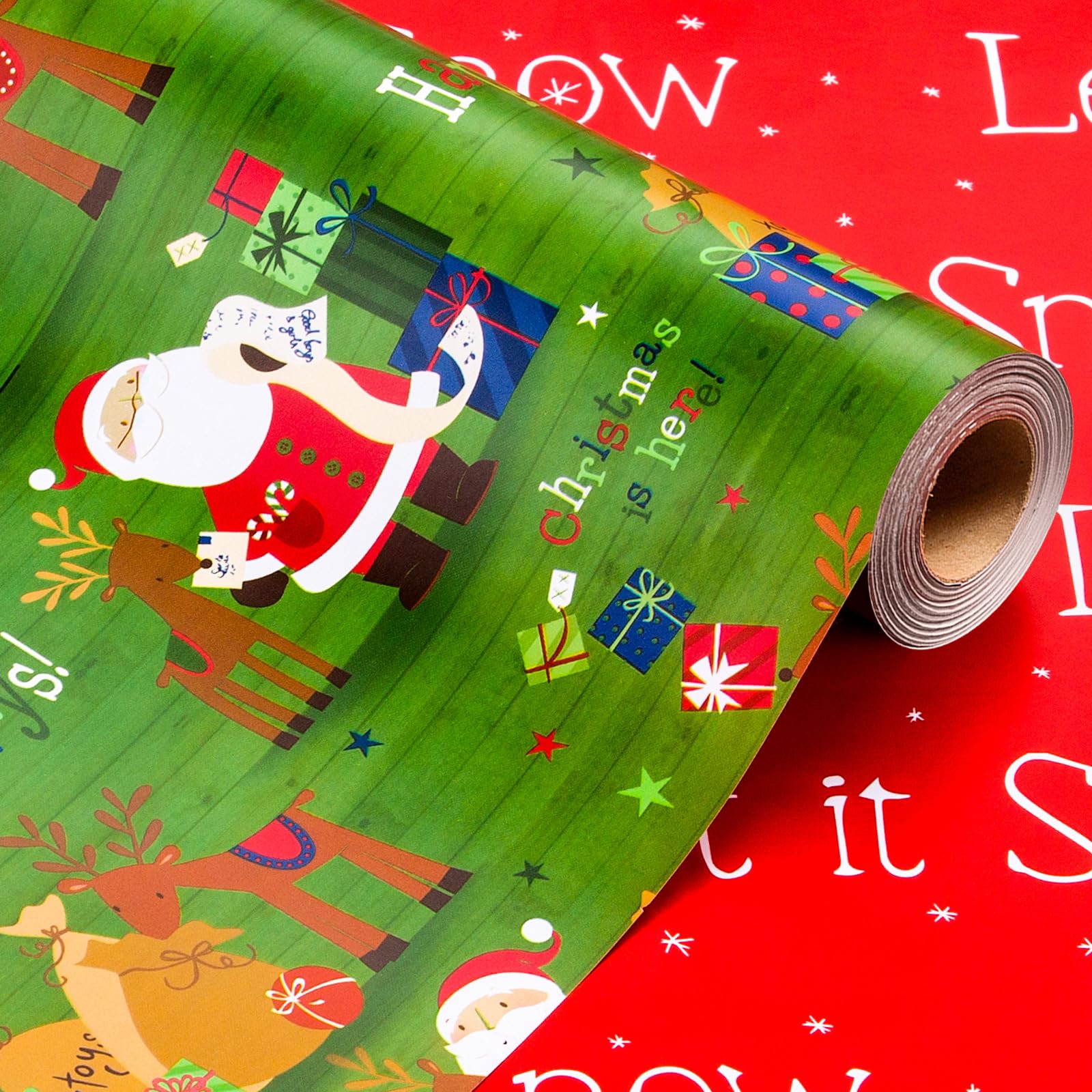 Wikadlik Christmas Wrapping Paper Roll - 43cm x 10m - Green Santa Claus Reindeer Let It Snow Script Holiday Present Gift Wrap Paper for Winter Festive Party Celebrations โ image 1