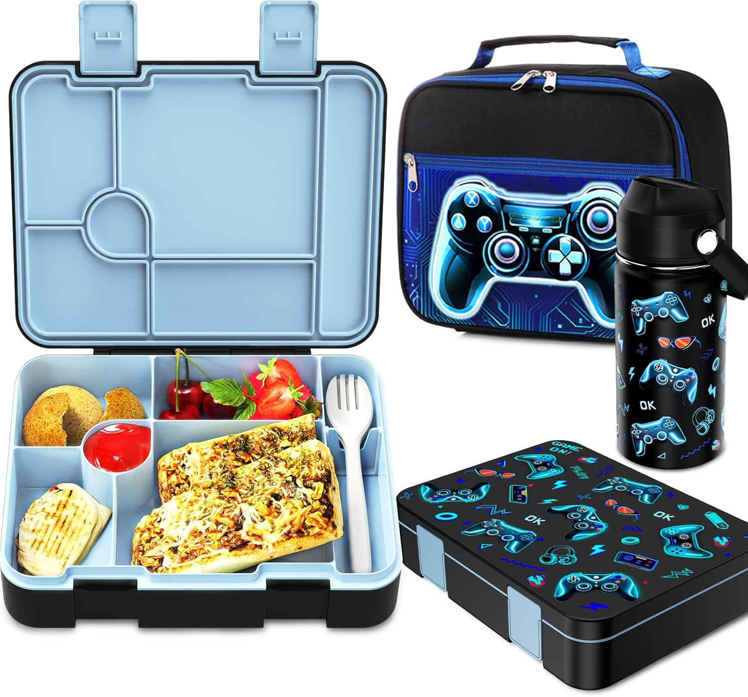 Bevalsa Kids Bento Lunch Box with 6 Compartment, Stainless Steel Metal Water Bottle, Insulated Bag & Utensils, BPA-Free Leakproof Food Container for School Boys Girls, Back To School Gift