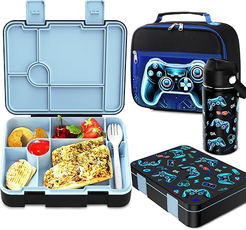 Bevalsa Lonchera Bento para niños con 6 compartimentos, botella de agua de metal de acero inoxidable, bolsa aislada y utensilios, contenedor de