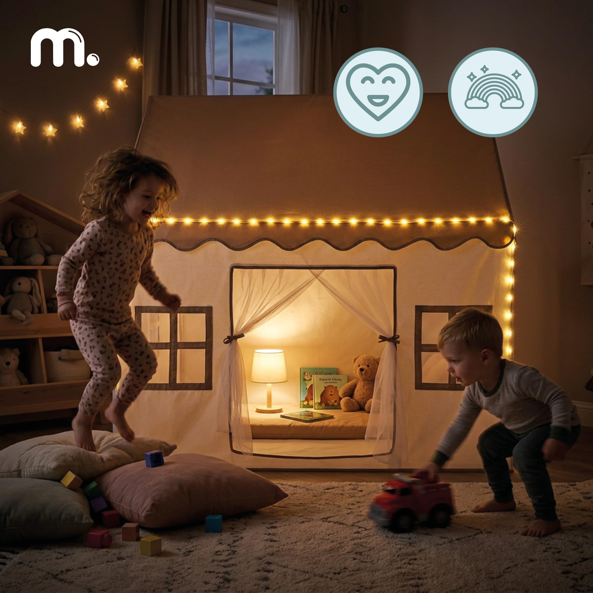mamabrum XXL Spielhaus Zelt für Kinder aus Polyester mit LED Beleuchtung und Fenstern, Skandinavischer Stil, Indoor und Outdoor, Beige, 95 × 125 × 130 cm