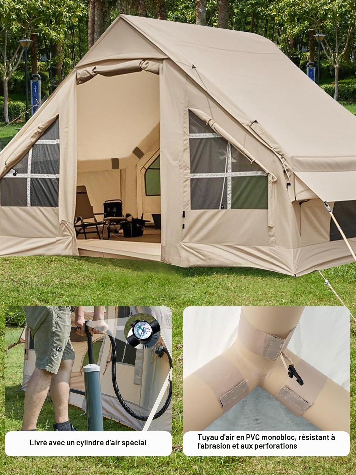 Tente de Camping Gonflable avec bâches, Tente familiale Gonflable 2/4/6/8 Personnes pour Le Camping, Grande Maison de Tente Gonflable avec Double Toit, Tente Gonflable Facile à Monter