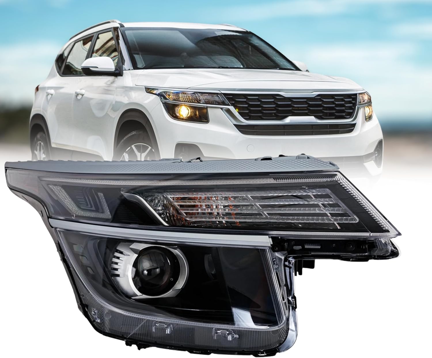 Headlight Assembly Compatible with Kia Seltos EX, S 2021-023 Halogen with Bulbs Right/Passenger Side, Partslink: KI2503247C/ OEM: 92102 Q5130 CAPA Certified