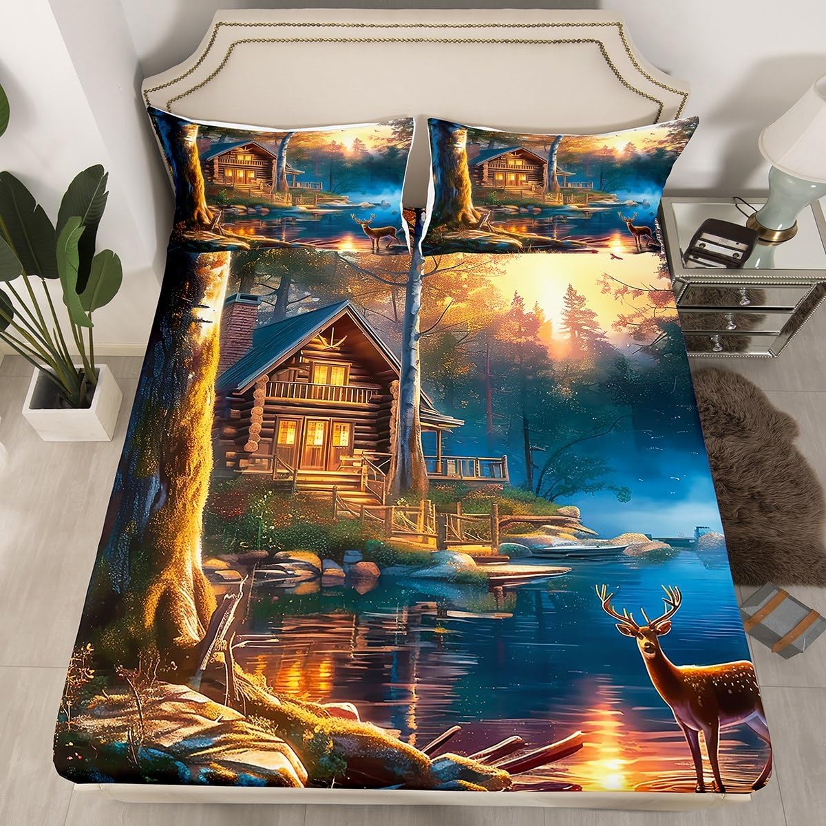 Hunting Lodge Mattress Cover Queen Size,Wild Deer Animal Hunter Cabin Decor Fitted Sheet with 2 Pillowcases,Lake Natural Scenery Pine Rustic Farmhouse Microfiber Mattress Protector,No Flat Sheet