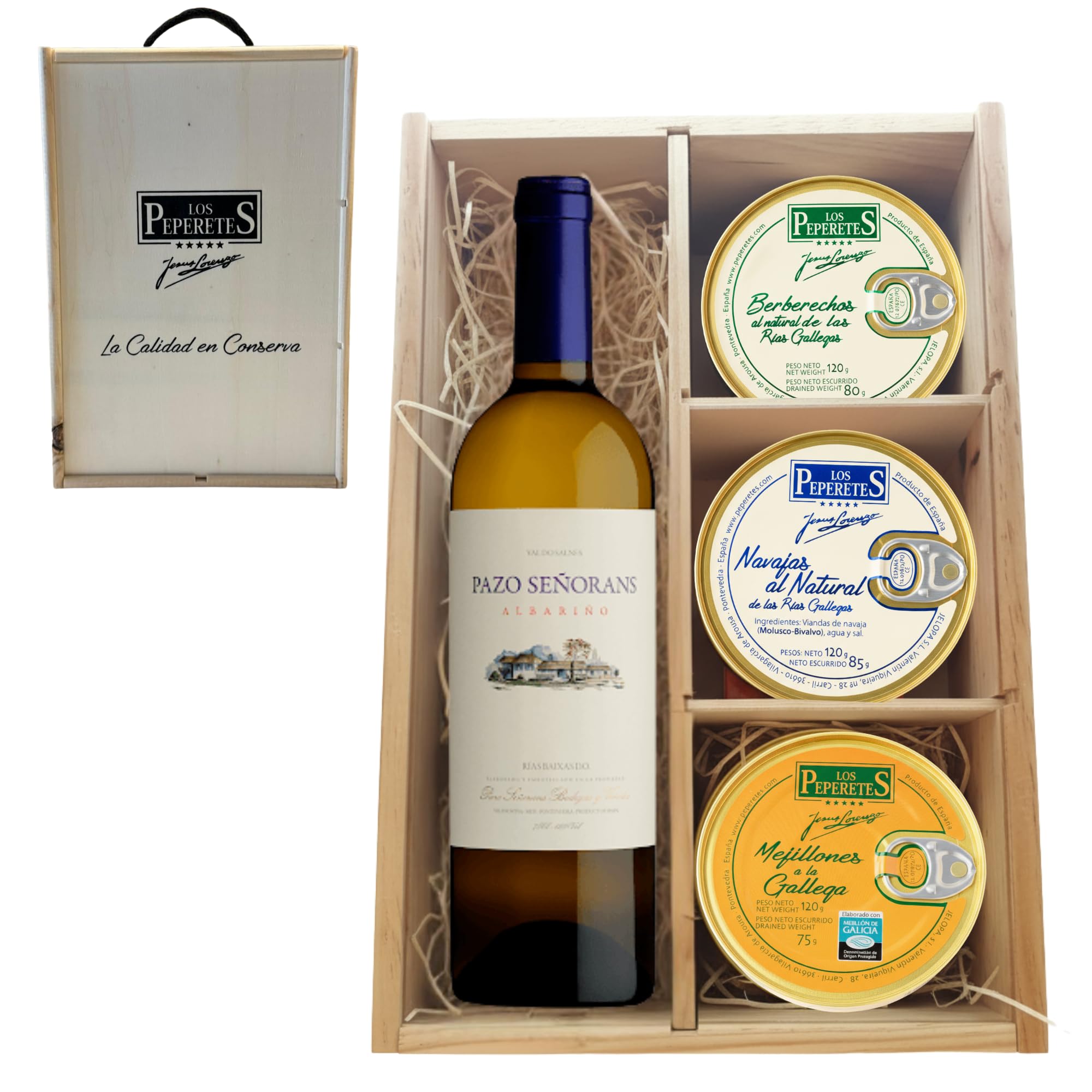 LOS PEPERETES Pack Gourmet Marisco Gallego con Vino Pazo Señorans | x2 Berberechos al Natural · x2 Navajas al Natural · x2 Mejillones a la Gallega | Estuche Lote Delicatessen Premium Latas Conserva
