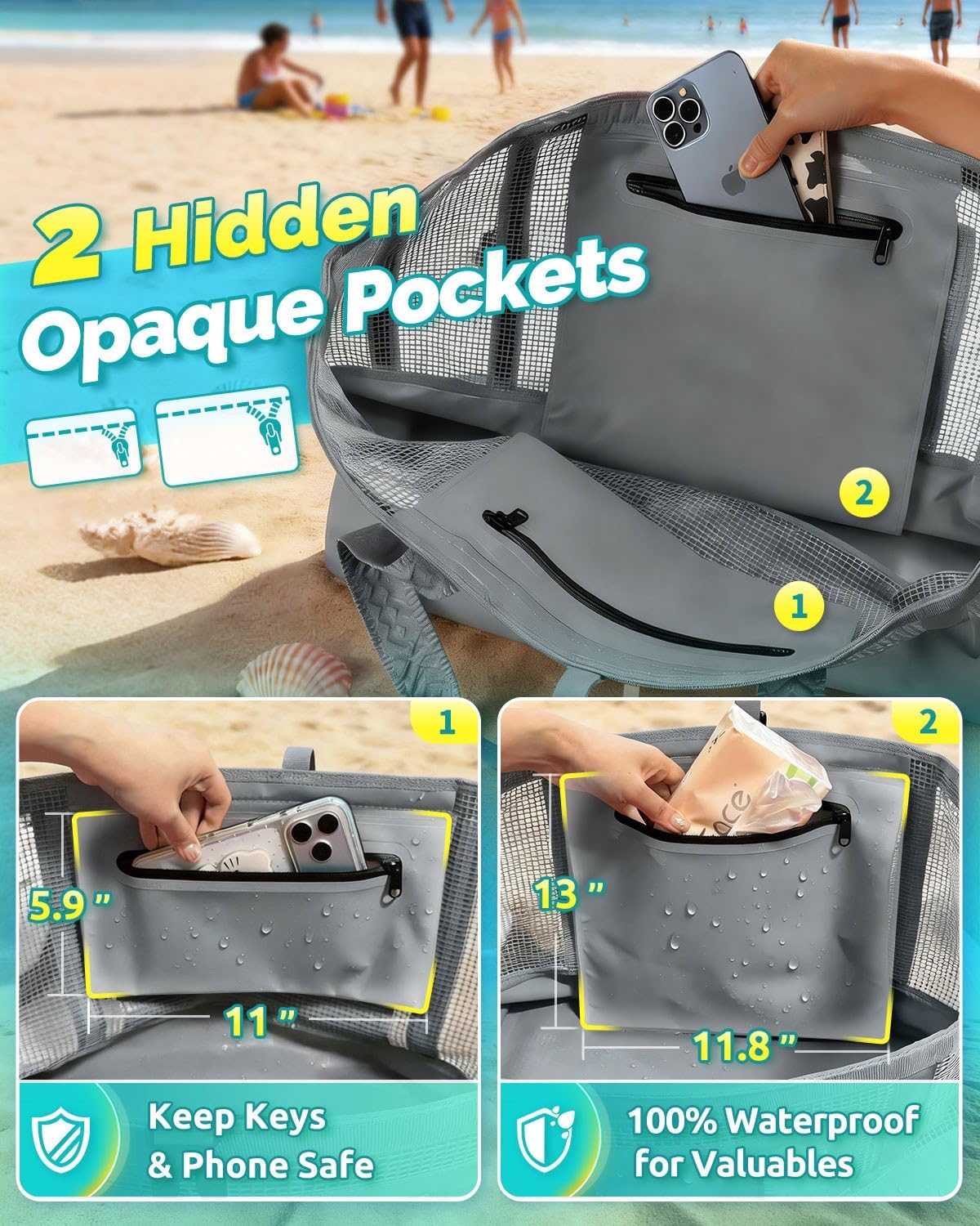 50L Beach Tote Bag with Waterproof Bottom and Coated Mesh for Beach Boat Pool Sports - Image 4