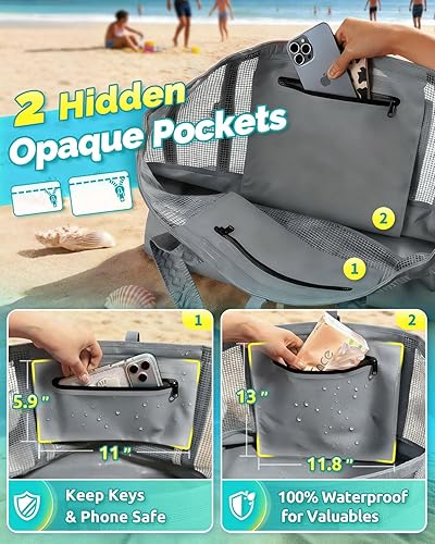 Miniatura 4 de Bolsa de playa de 50L con parte inferior impermeable y malla recubierta para playa, barco, piscina y deportes