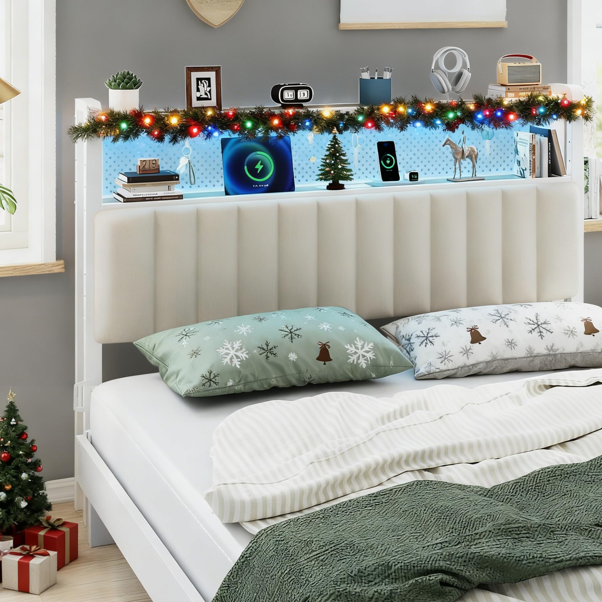 VINGLI Full Size Headboard for Bed,Headboards with Storage, Charging Stations and LED Lights, 2 Tier Shelves and Pegboard, Modern Bed Head Board, Adjustable Height, Upholstered Fabric, White