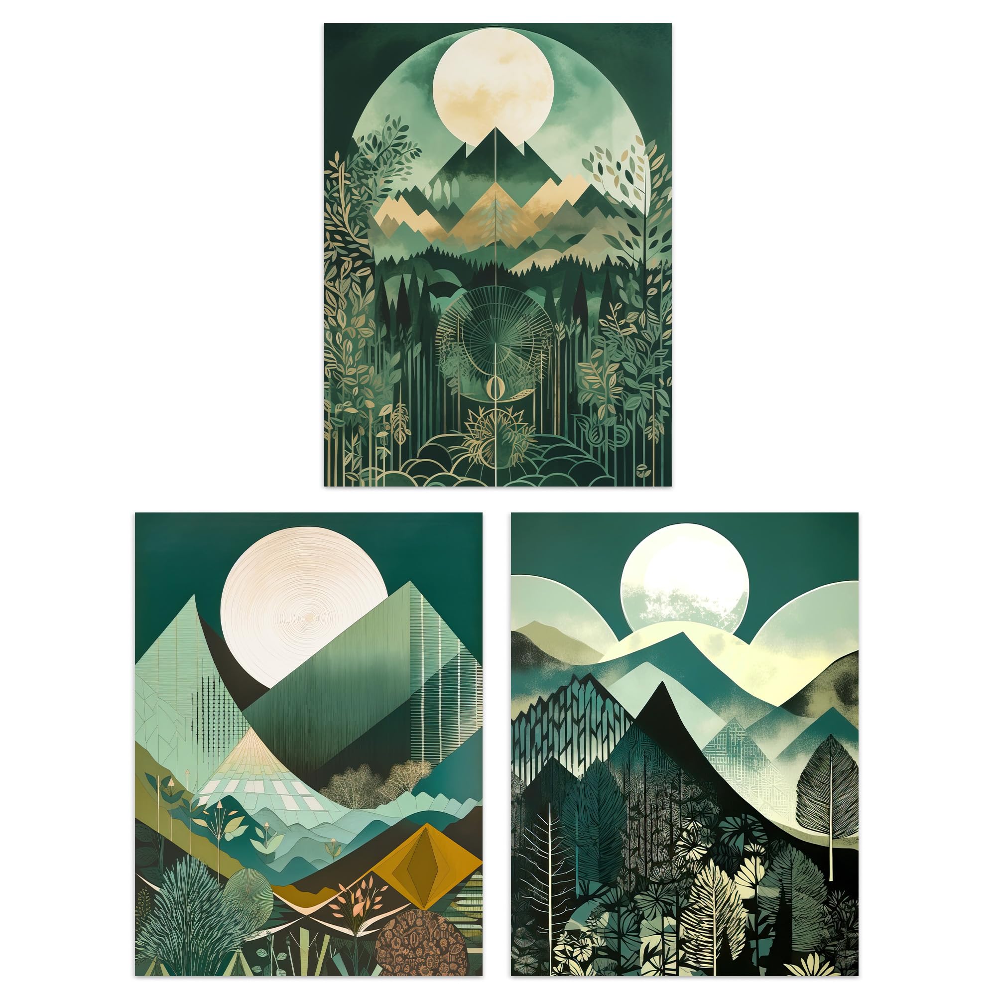 Geometric Forest Mountain Landscape Boho Full Moon Sunrise Poster 3 Pack 12X16""