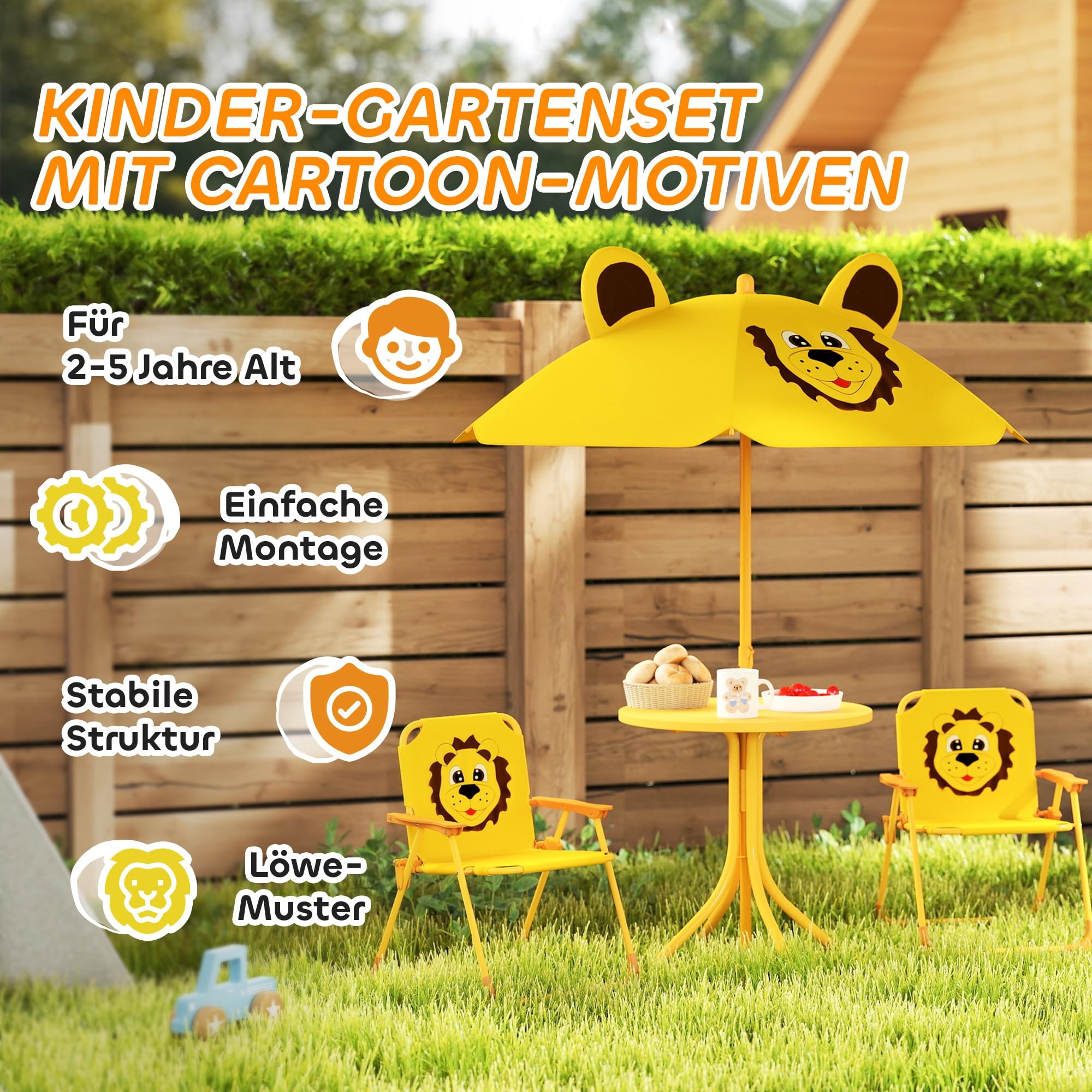AIYAPLAY Salon de jardin pour enfant avec parasol réglable en hauteur et 2 chaises pliantes - Pour jardin, plage, jaune