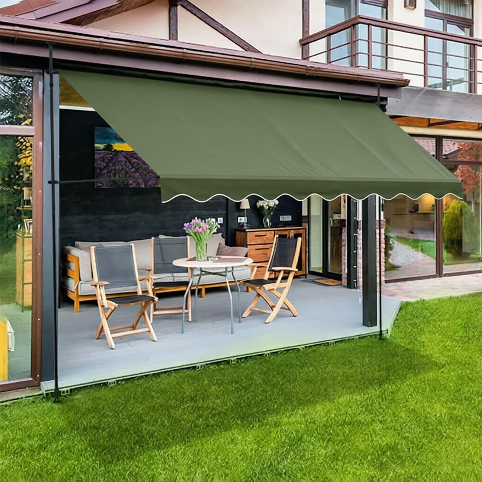 Auvent rétractable Manuel 250 x 150 cm, Store banne de terrasse résistant aux intempéries pour extérieur, réglable en Hauteur et en Inclinaison(Dark Green,118" x 59")