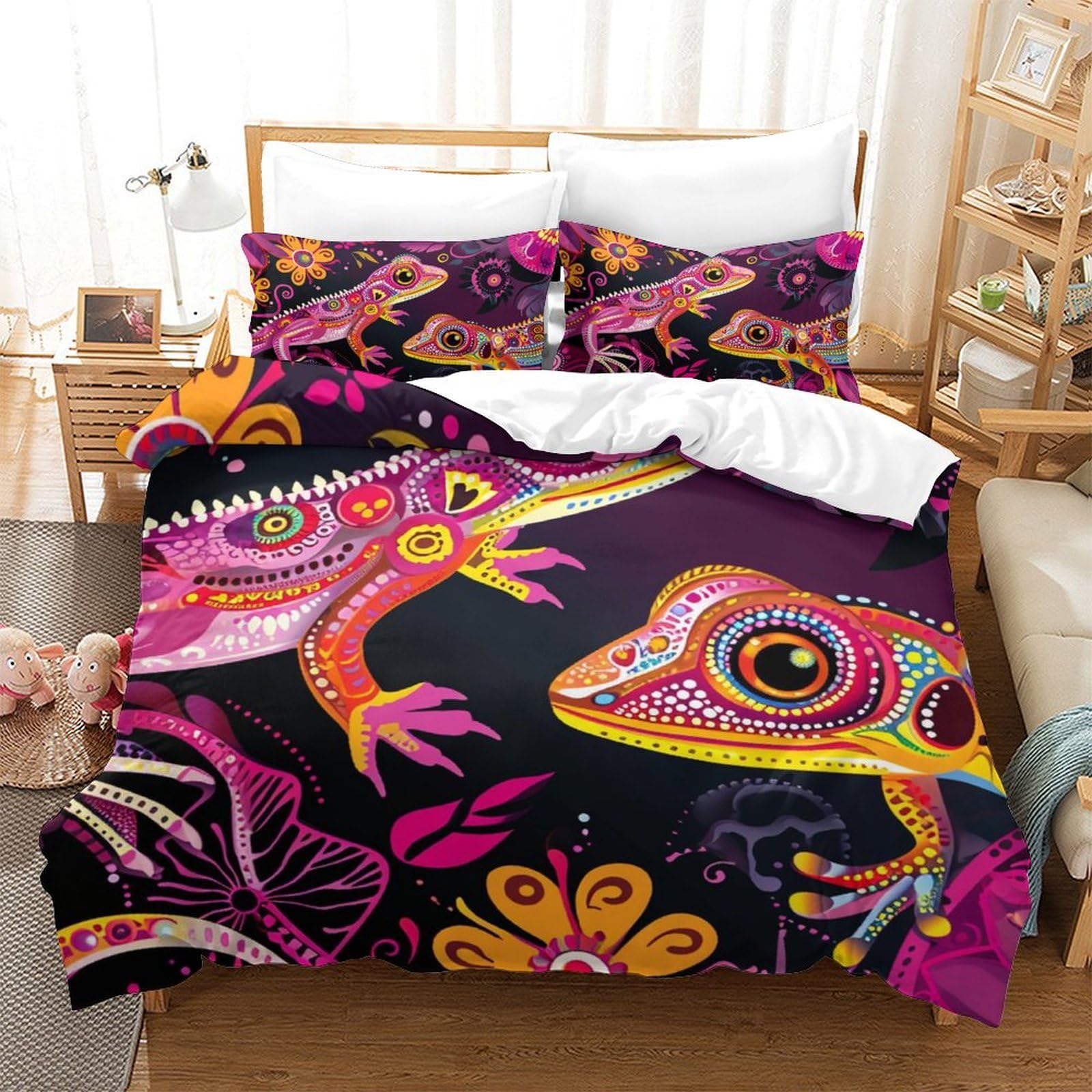 Housse de couette 220x240 lézard parure de lit 3 pièces microfine douce king