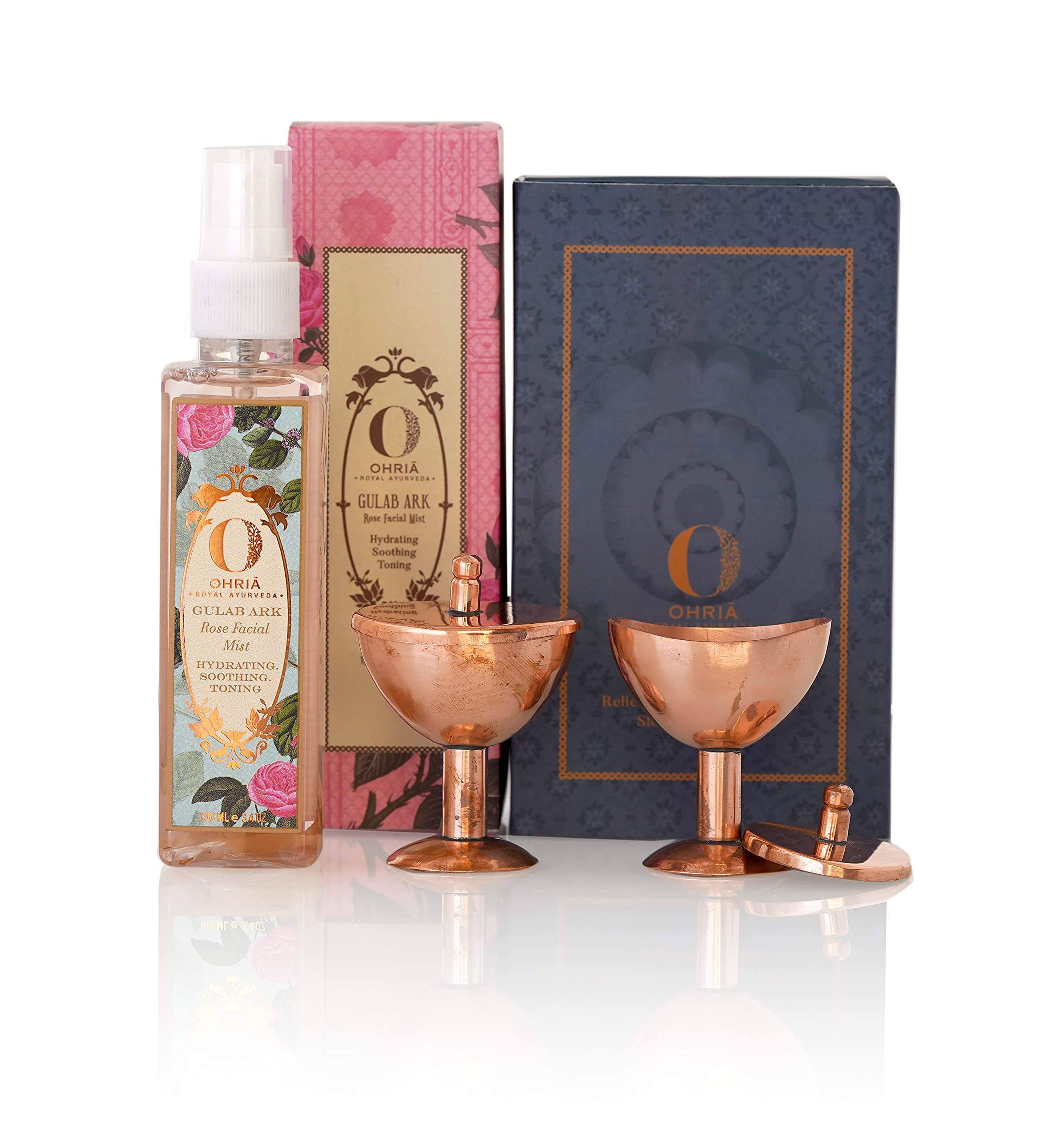 Ohria Ayurveda Pure Copper Eye Wash Cups with Rose Facial Mist | Ayurvedic Eye Cleansing & Skin Hydration Ritual | Netra Shudhi | Includes 2 Copper Cups & 100 ml Rose Water Mist