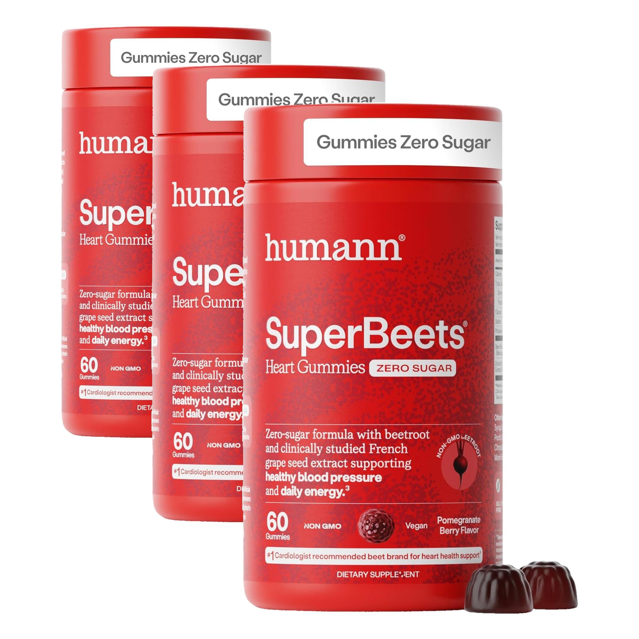 HumanN SuperBeets Heart Gummies Zero Sugar - Beet Gummy with Energy Support, Grape Seed Extract & Beetroot Powder - 60 Count (Pack of 3) Zero Sugar 60 Count (Pack of 3)
