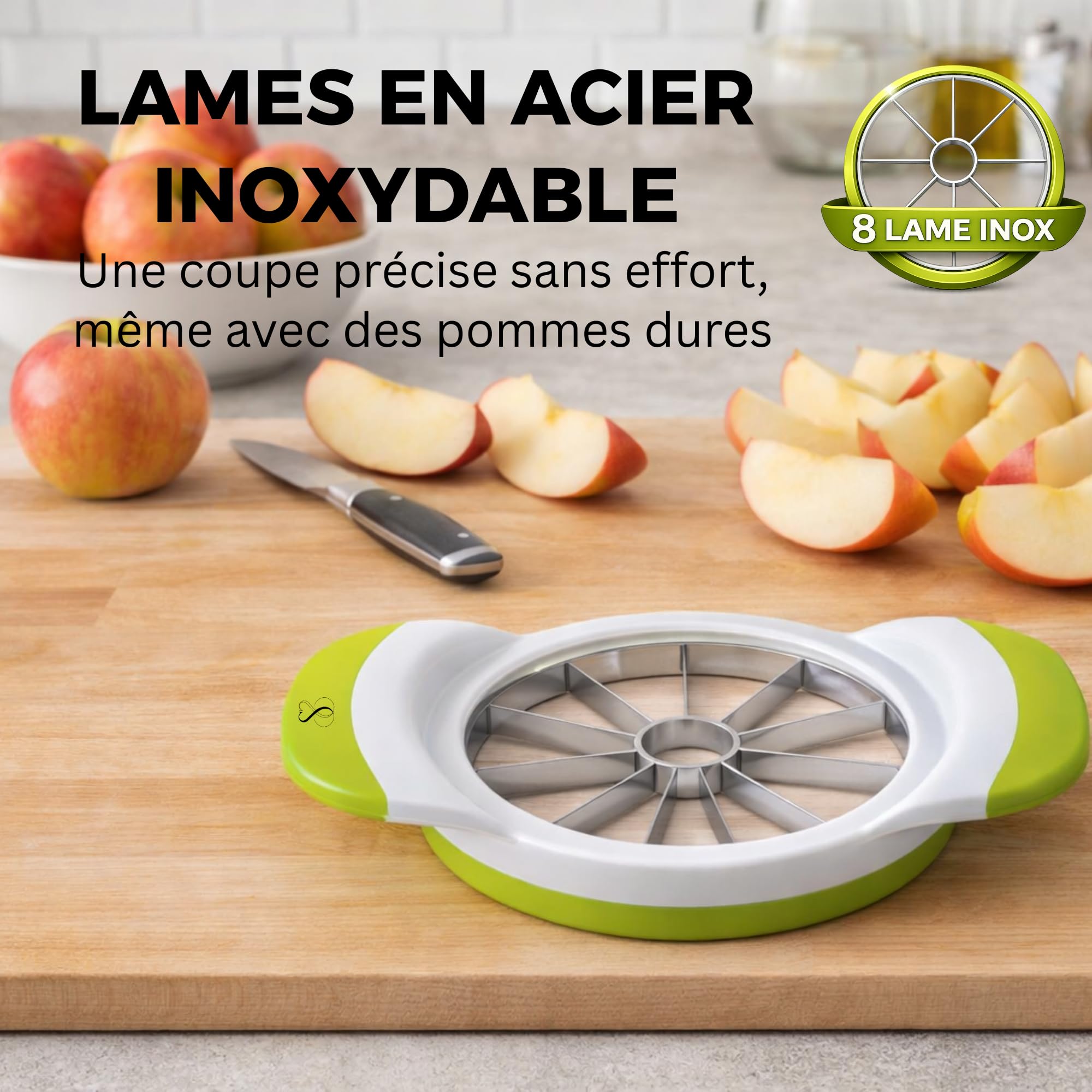 Stone&Stone Coupe Pomme Inox Professionnel avec 8 Lames Acier Inoxydable | Éplucheur de Pomme avec Levier Anti Trognon | Design Ergonomique ABS Sans BPA | Trancheuse à Fruits pour 8 Morceaux Parfaits