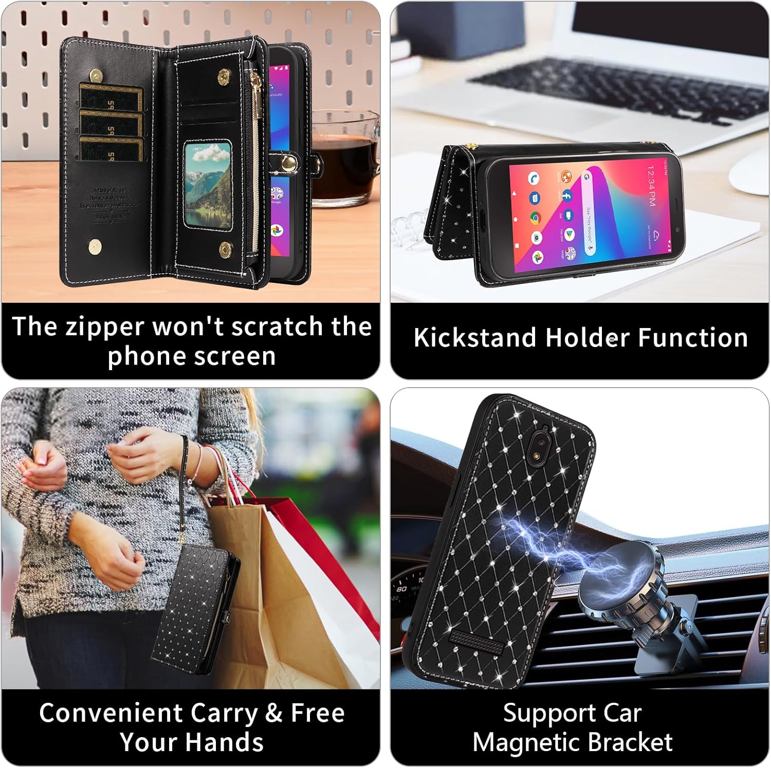 Phone Case for Tracfone BLU View 2 B130DL Zipper Wallet Detachable Cell Cover with Screen Protector Crossbody Lanyard Strap Bling Glitter Flip Card Holder BLUE View2 BLUView Two 4G LTE Women Black