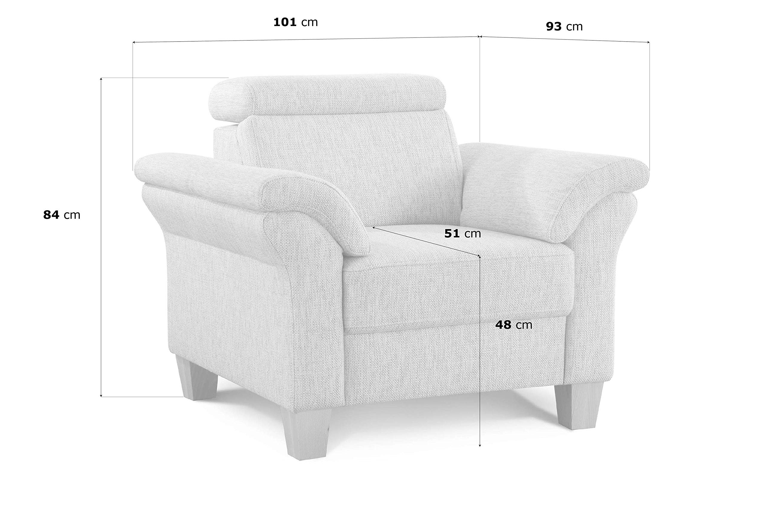Cavadore Sessel Ammerland inkl. Federkern und Kopfteilverstellung / Großer Polstersessel im Landhausstil / Passend zur Sofagarnitur Ammerland / 101 x 84 x 93 / Strukturstoff grau