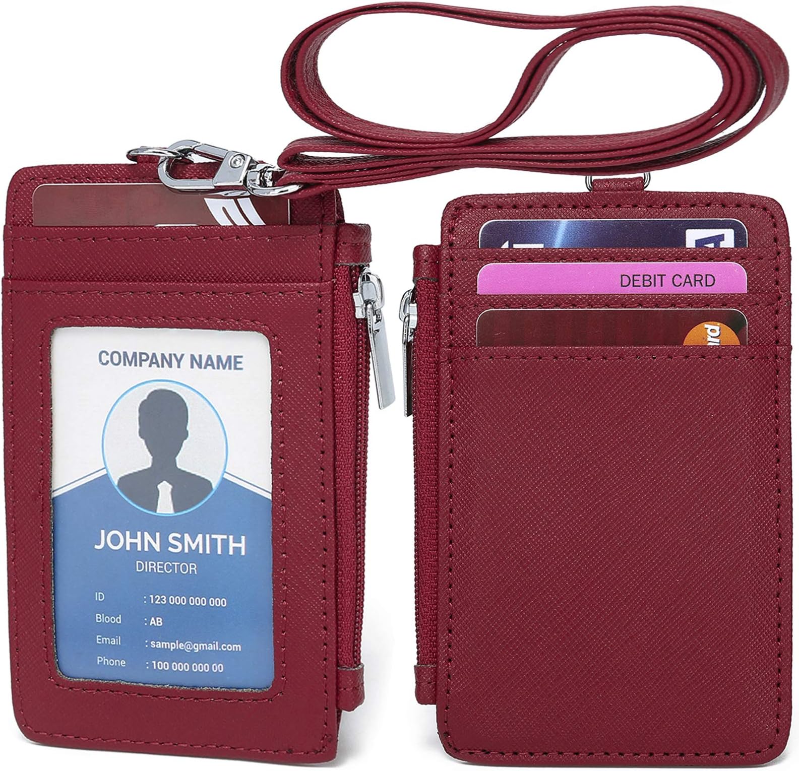 Leamekor ID Badge Holder with Neck Lanyard PU Leather ID Badge Wallet Case with 1 ID Window, 4 Card Slots, 1 Side Zipper Pocket (Red)